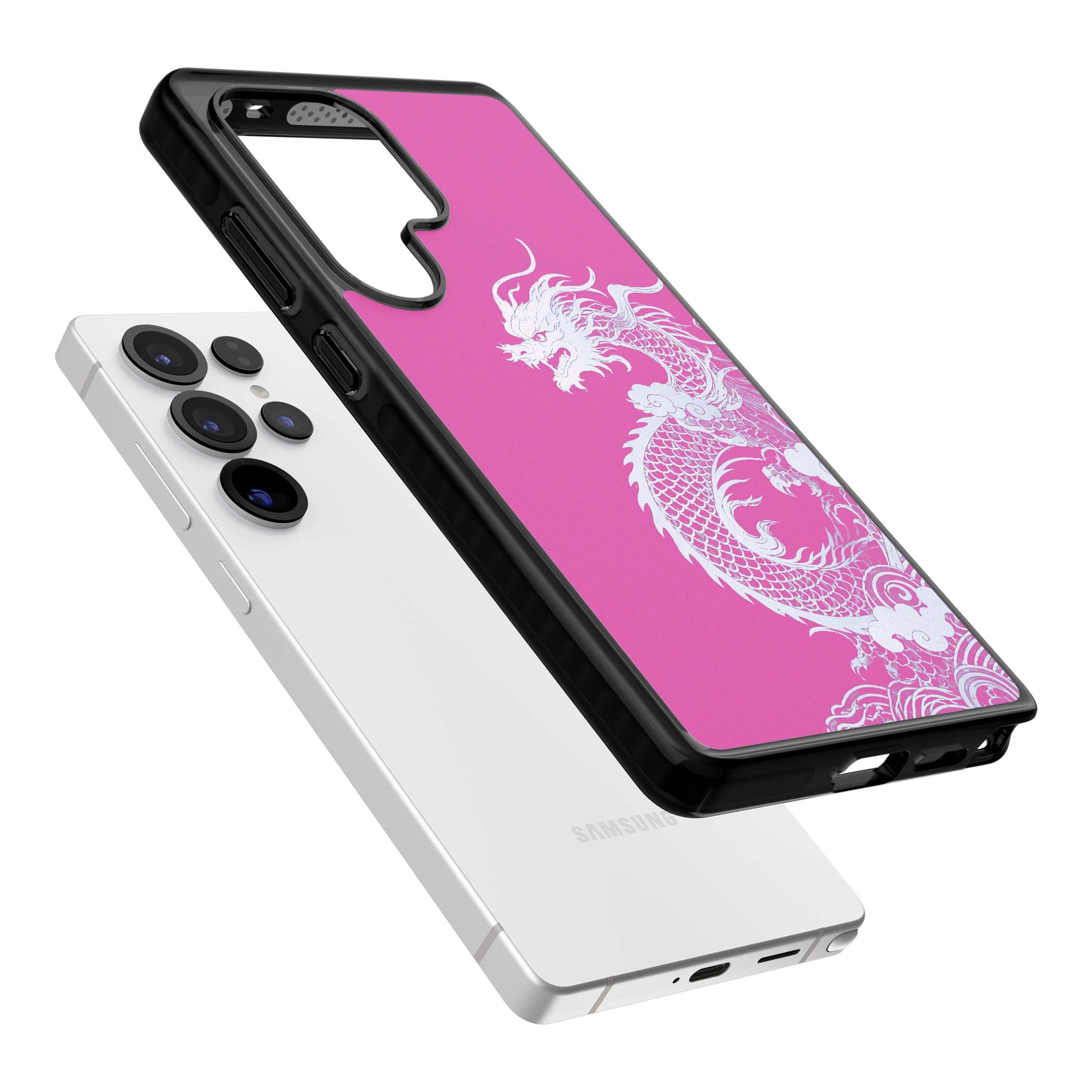 Pink Empress chinese dragon iPhone case featuring a white dragon, swirling clouds and pink dragon wallpaper backdrop | Black Impact case for Samsung Galaxy S25 Ultra
