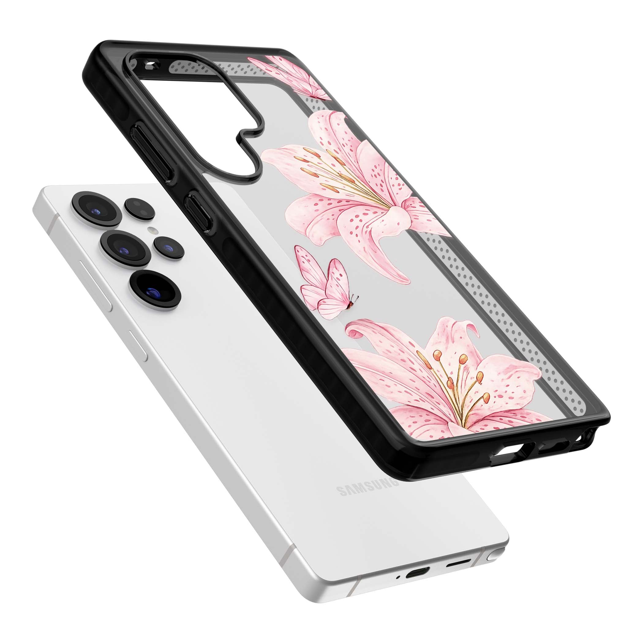 Lily Whisper floral iPhone case featuring pink watercolour lilies and delicate butterflies on a clear background | Black Impact case for Samsung Galaxy S25 Ultra