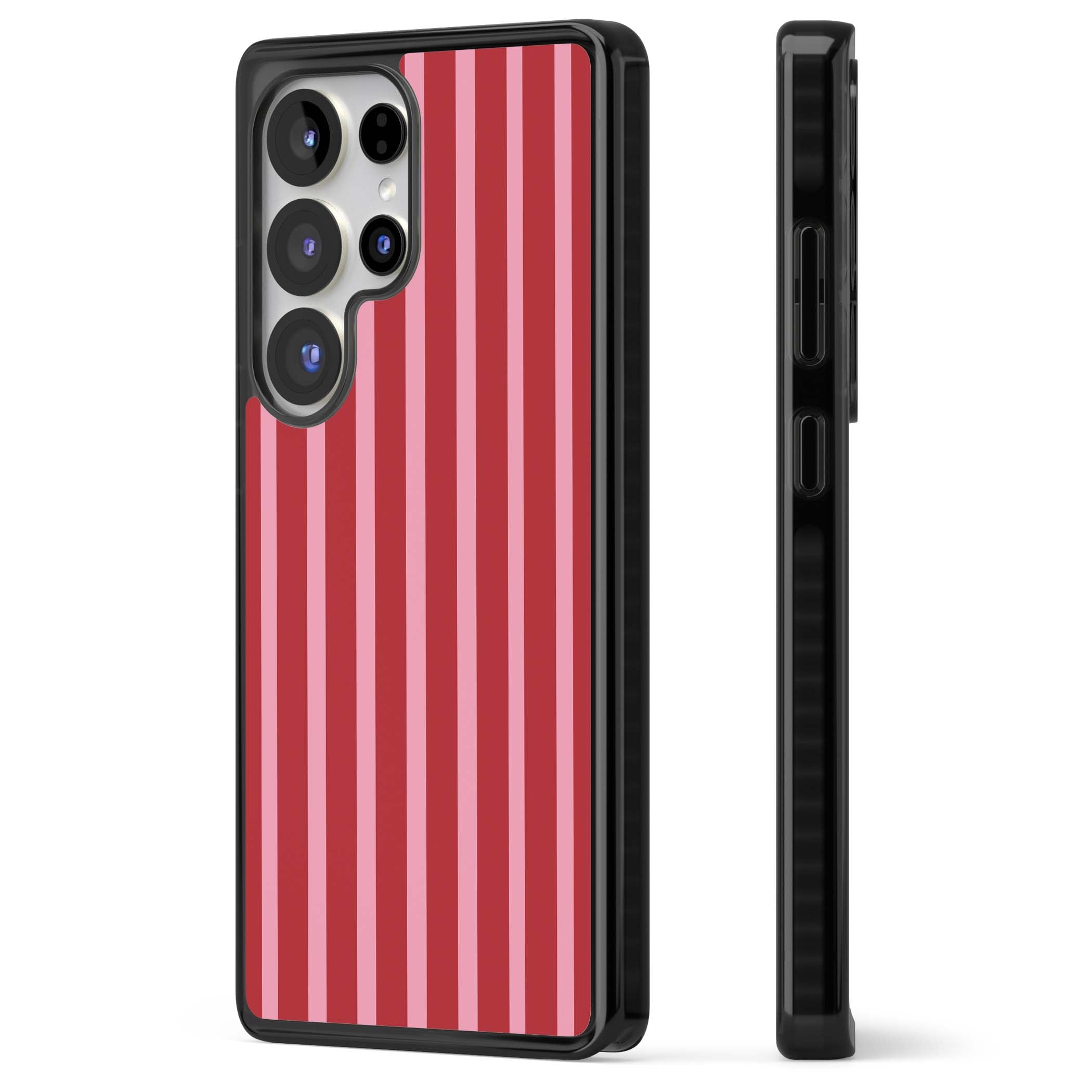 Raspberry Stripe coquette iPhone case featuring red and pink vertical stripes in a candy-inspired pattern | Black Impact case for Samsung Galaxy S25 Ultra