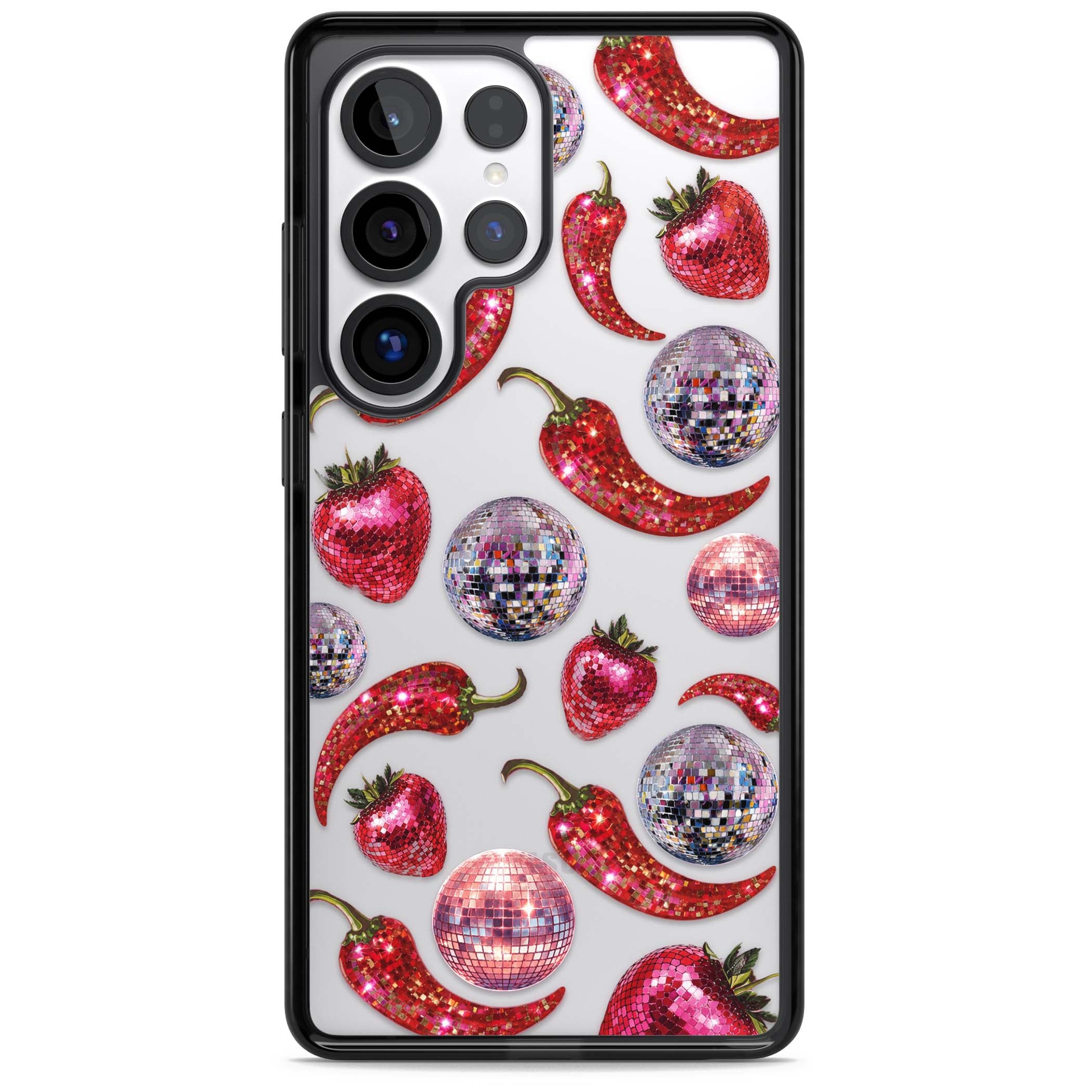 Spicy Disco Y2K iPhone case featuring glitter disco balls, sparkly strawberries and red chilli peppers | Black Impact case for Samsung Galaxy S25 Ultra