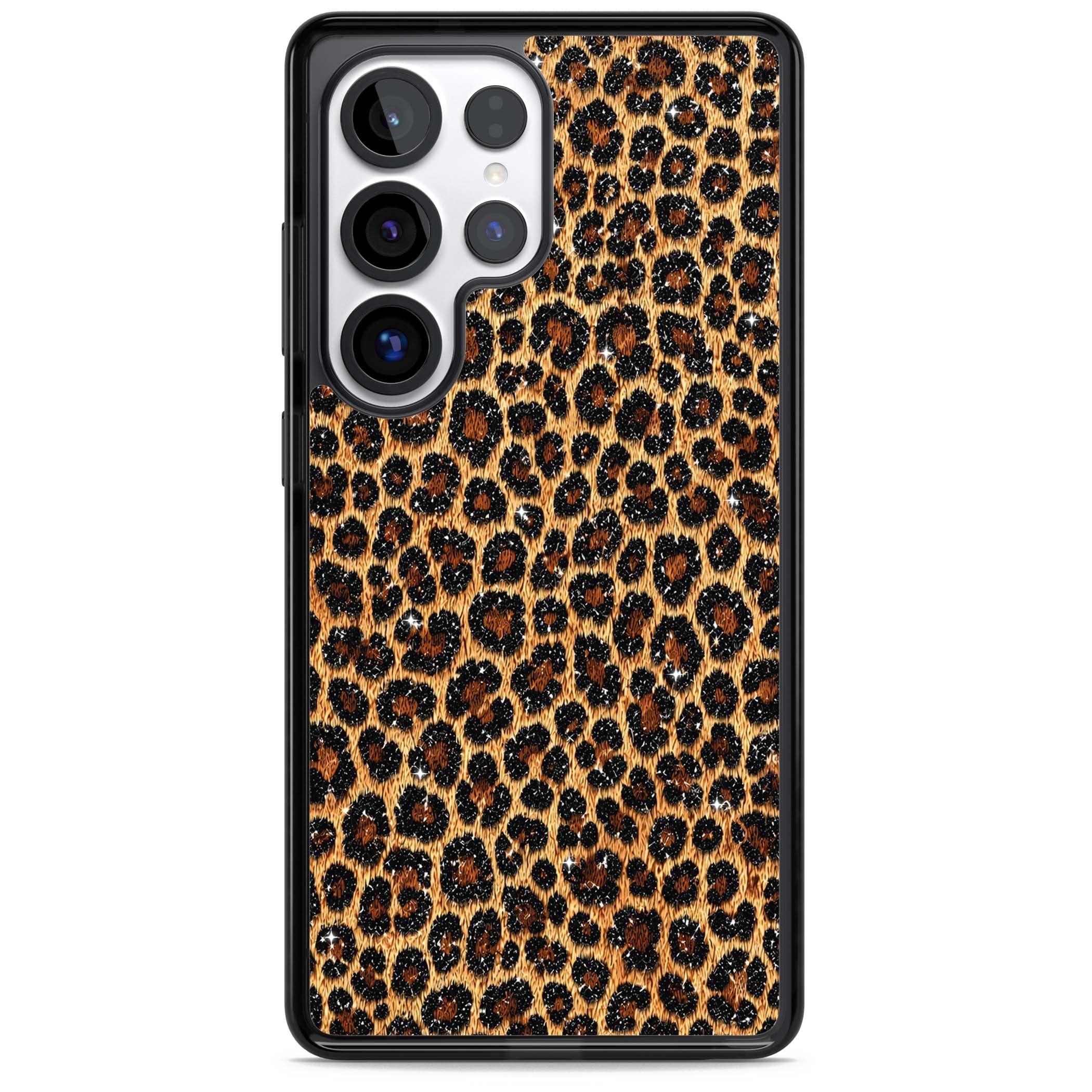 Diamond Leopard leopard print iPhone case featuring golden tan fur, black rosette spots and subtle glitter sparkle | Black Impact case for Samsung Galaxy S25 Ultra
