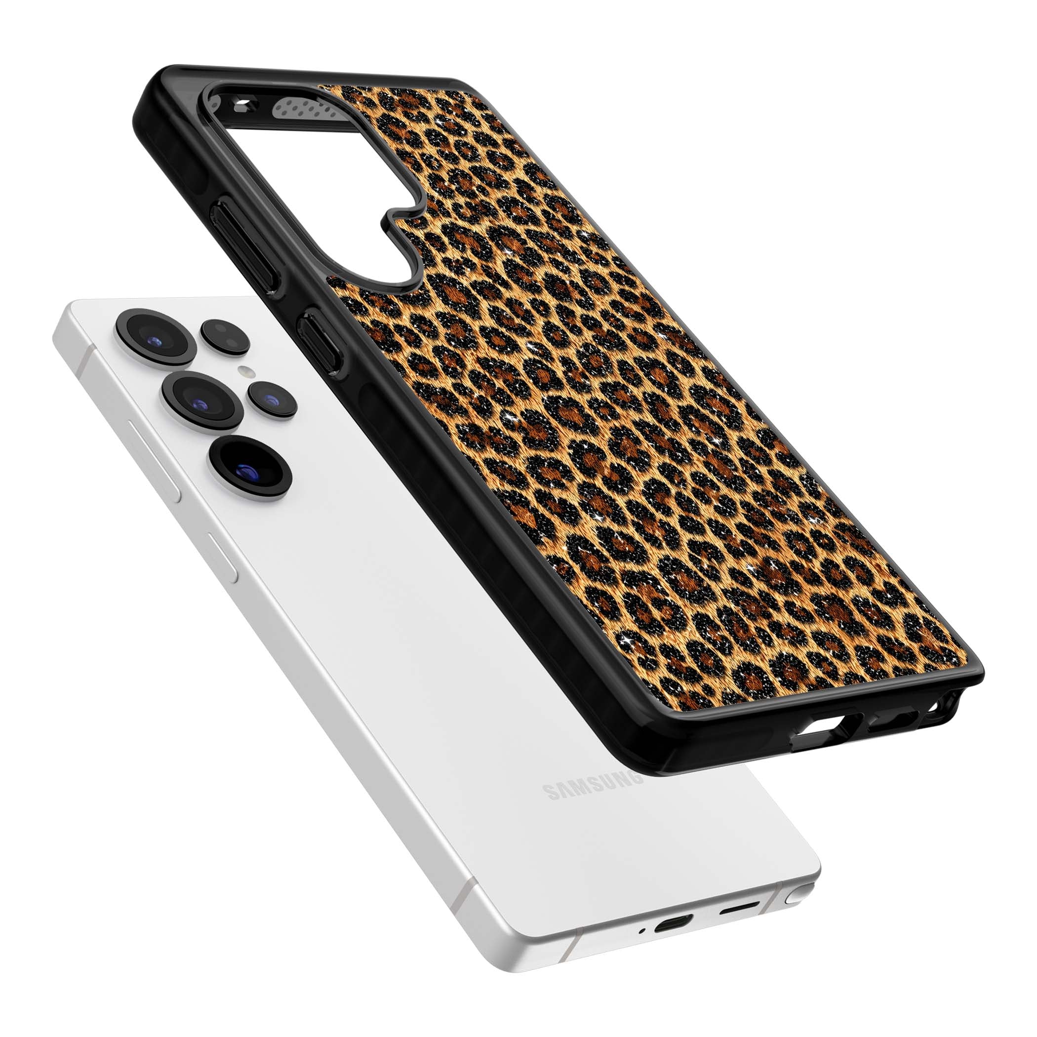 Diamond Leopard leopard print iPhone case featuring golden tan fur, black rosette spots and subtle glitter sparkle | Black Impact case for Samsung Galaxy S25 Ultra