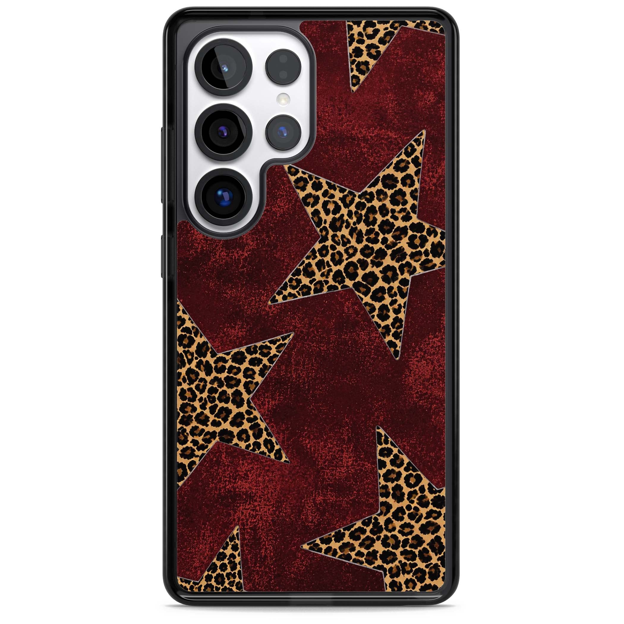 Showgirl leopard print iPhone case featuring cheetah print stars on distressed red grunge background | Black Impact case for Samsung Galaxy S25 Ultra