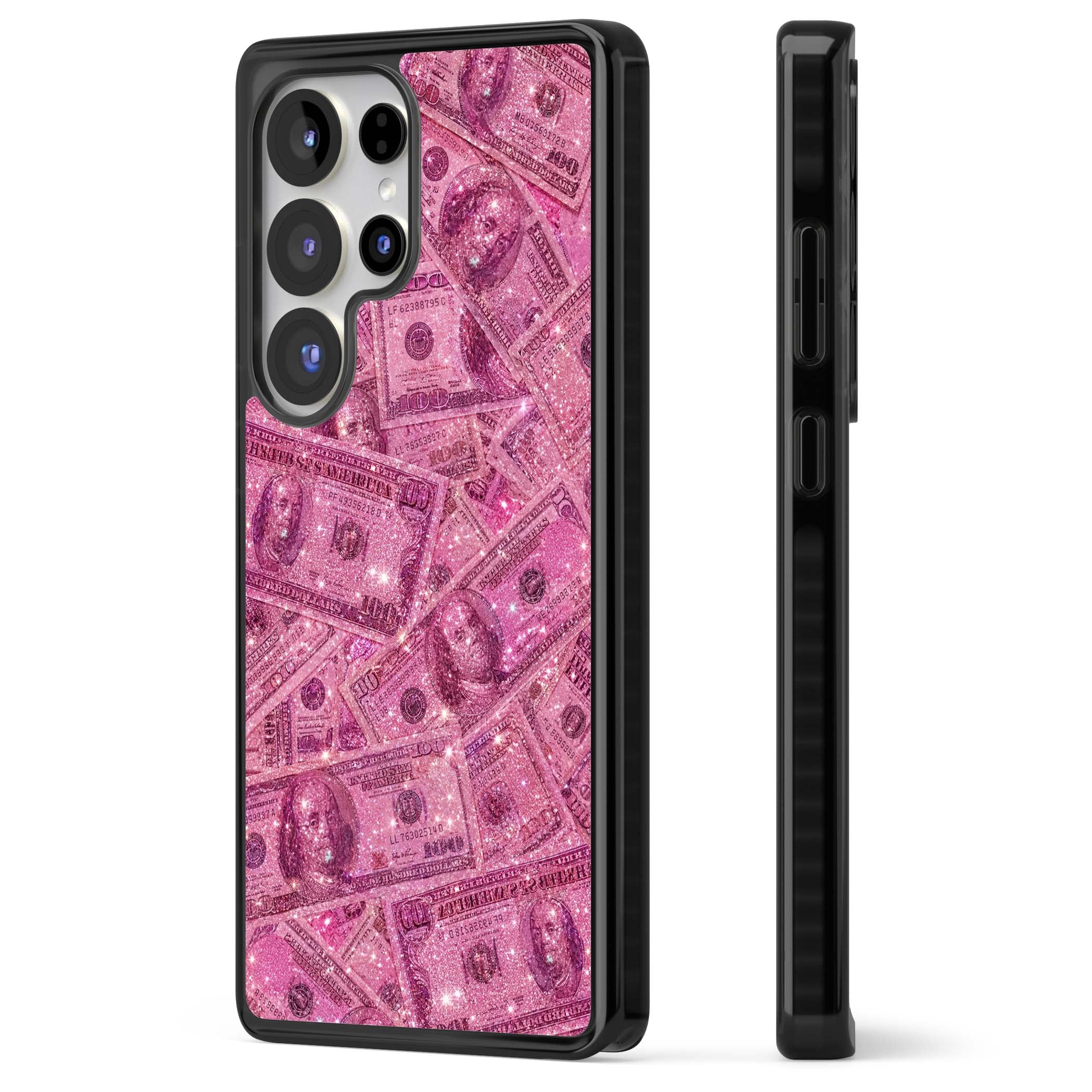 Glamorous baddie iPhone case featuring pink glitter hundred dollar bills and sparkling money wallpaper design | Black Impact case for Samsung Galaxy S25 Ultra