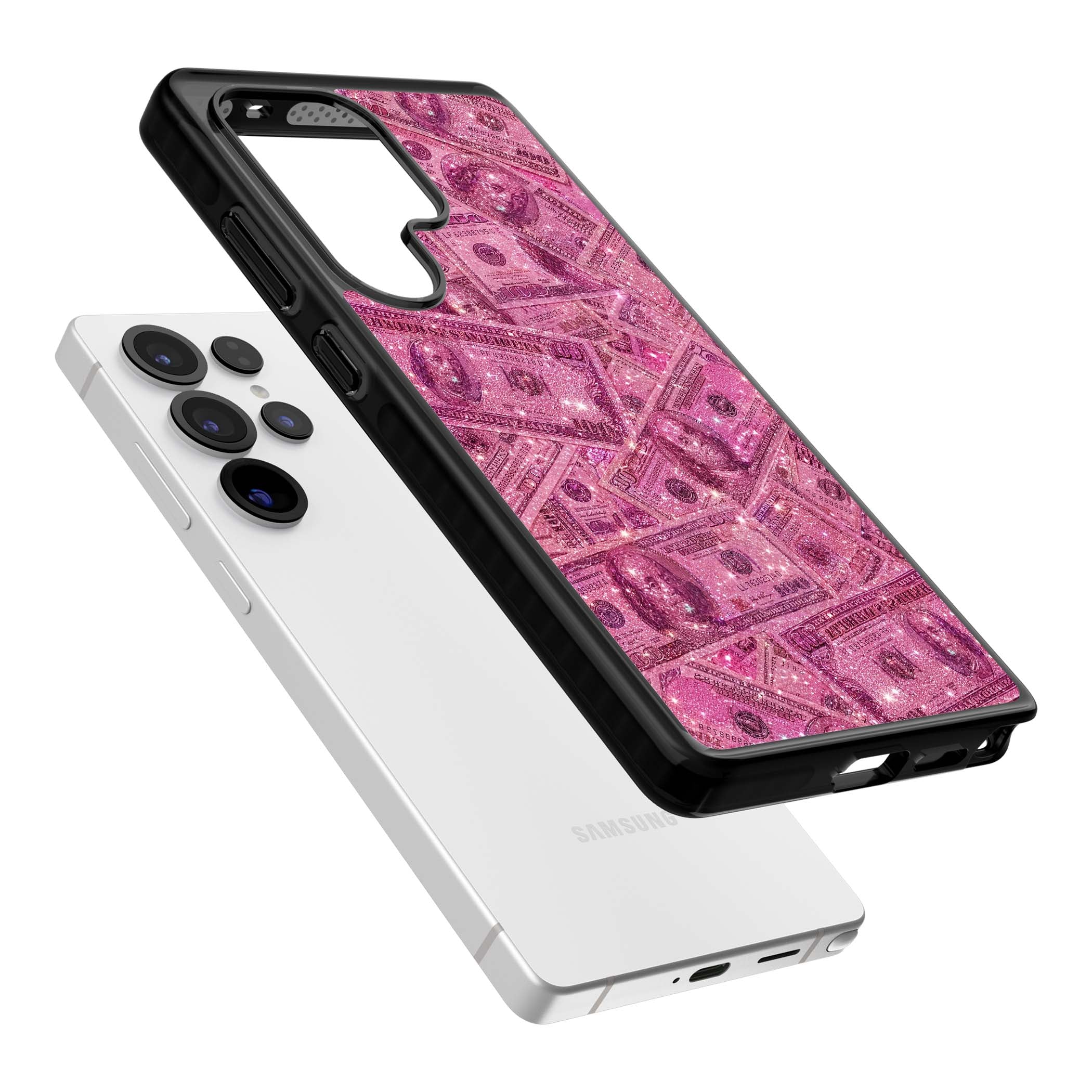 Glamorous baddie iPhone case featuring pink glitter hundred dollar bills and sparkling money wallpaper design | Black Impact case for Samsung Galaxy S25 Ultra