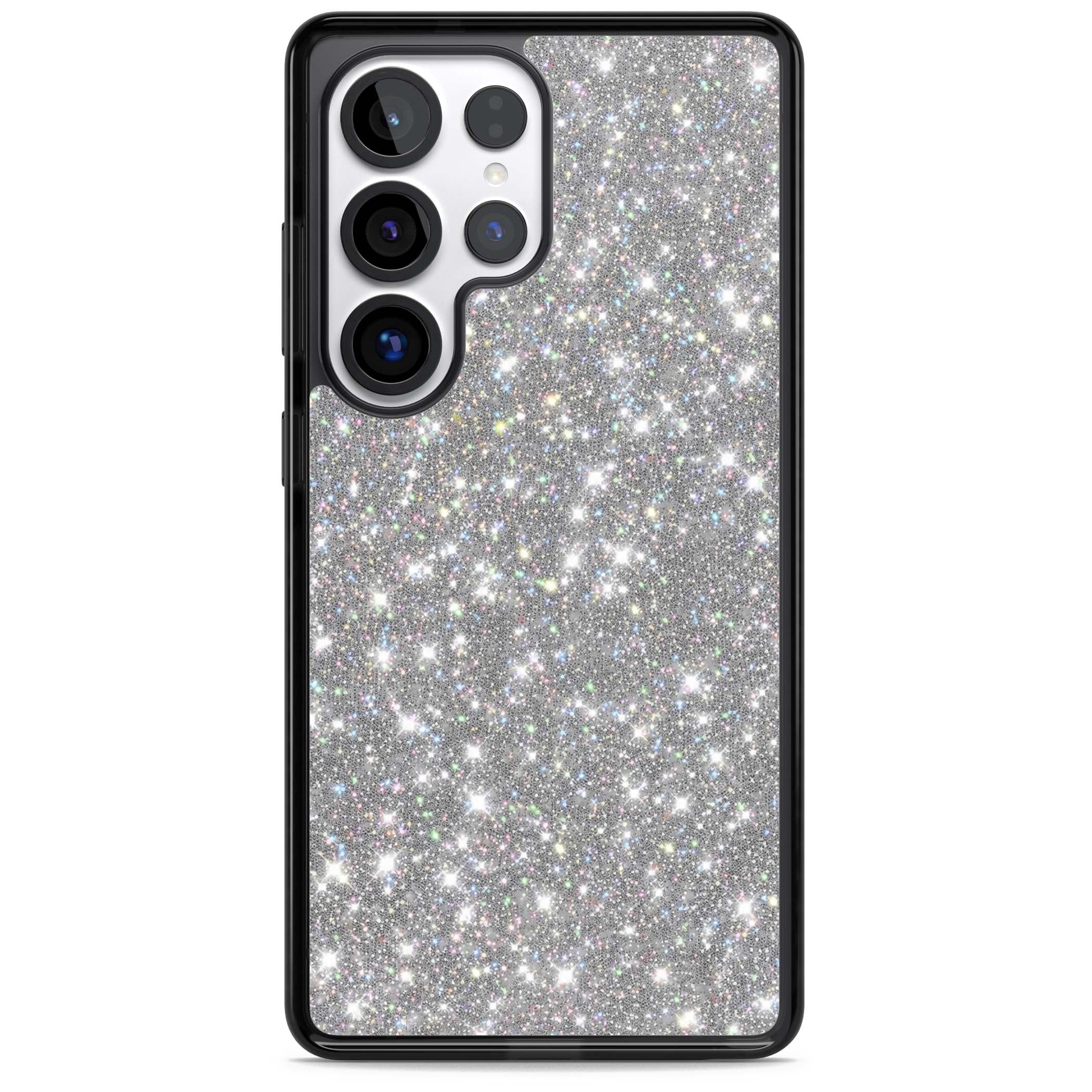 Diamond glam iPhone case featuring silver glitter sparkle and shimmering diamond dust effect | Black Impact case for Samsung Galaxy S25 Ultra