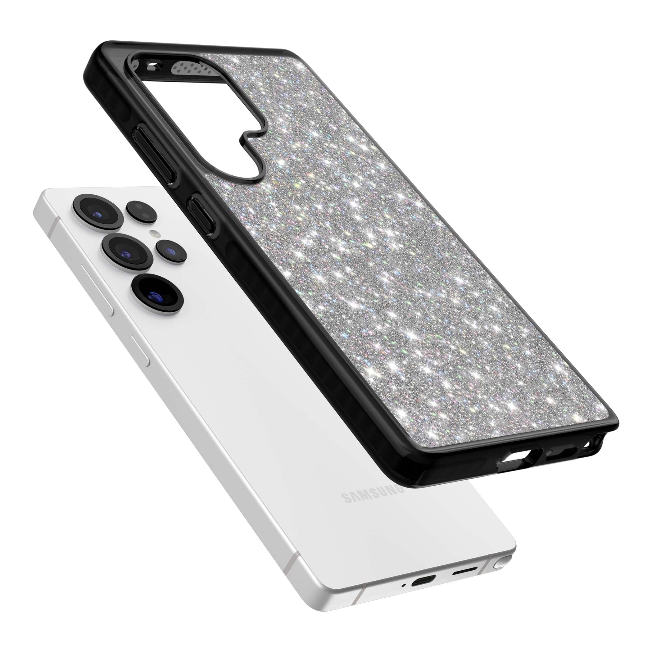 Diamond glam iPhone case featuring silver glitter sparkle and shimmering diamond dust effect | Black Impact case for Samsung Galaxy S25 Ultra