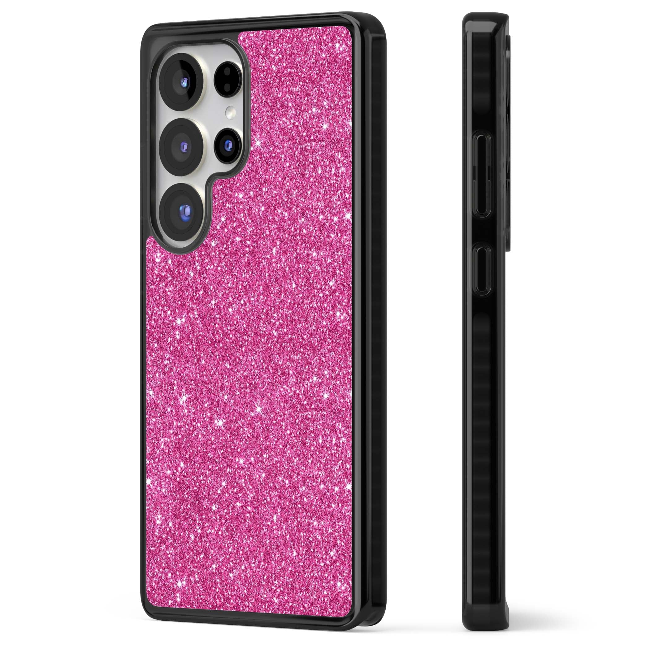 Pink Glitter Y2K iPhone case featuring hot pink glitter wallpaper with sparkle shimmer effect | Black Impact case for Samsung Galaxy S25 Ultra