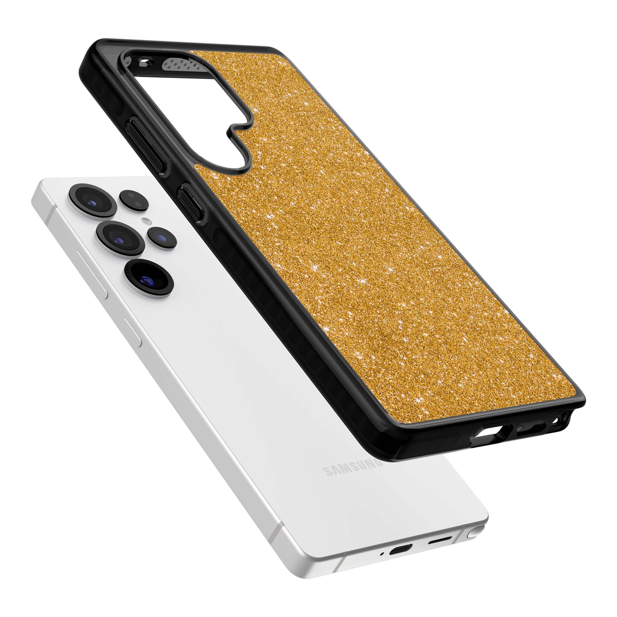 Gold Glitter gold glitter iPhone case featuring a shimmering sparkle wallpaper design in luxury gold | Black Impact case for Samsung Galaxy S25 Ultra