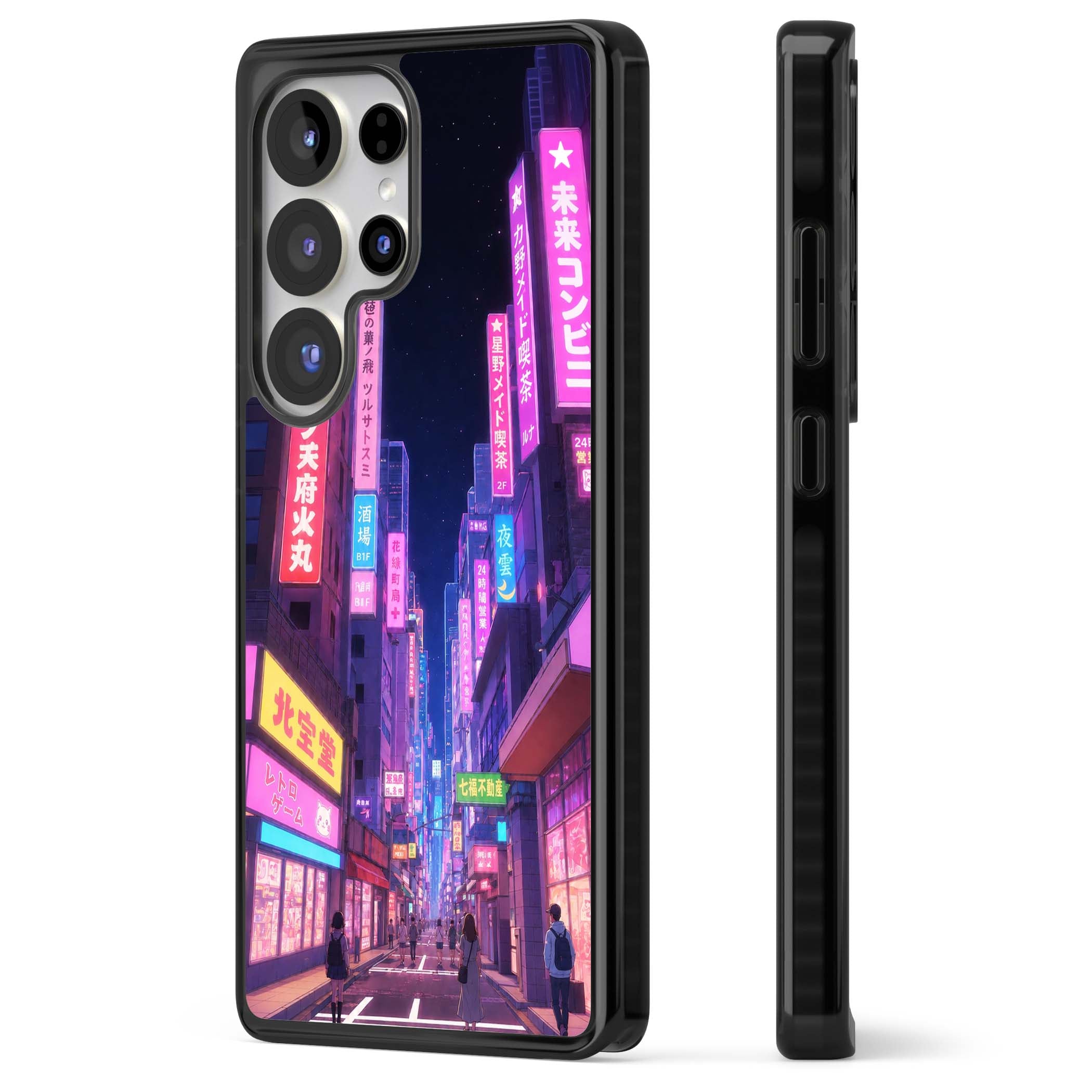 Shibuya At Night Japanese neon city iPhone case featuring glowing kanji signs, pink storefronts and a Tokyo street at n | Black Impact case for Samsung Galaxy S25 Ultra
