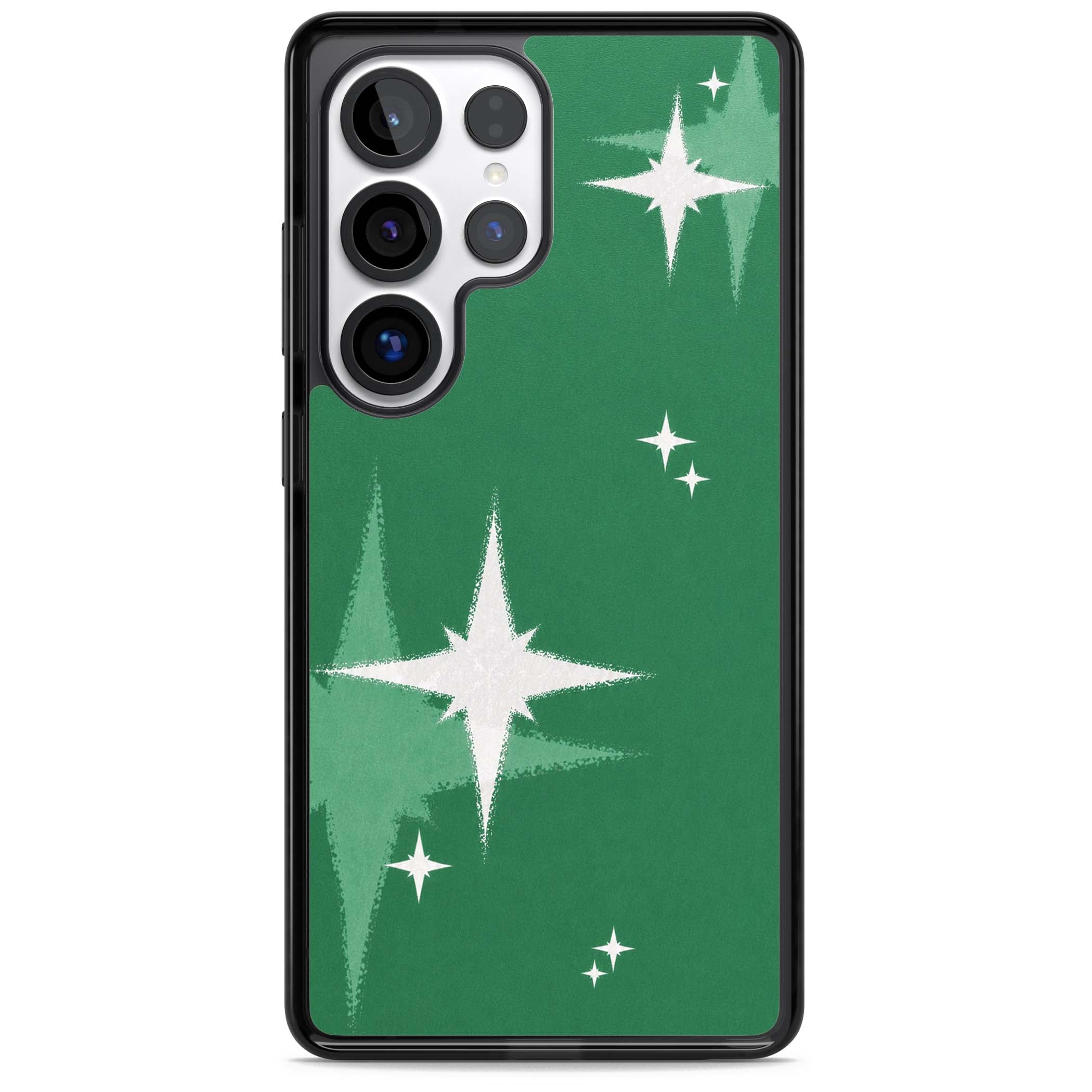 Green Sparkle celestial iPhone case featuring sparkling white four-point stars on a deep green background | Black Impact case for Samsung Galaxy S25 Ultra