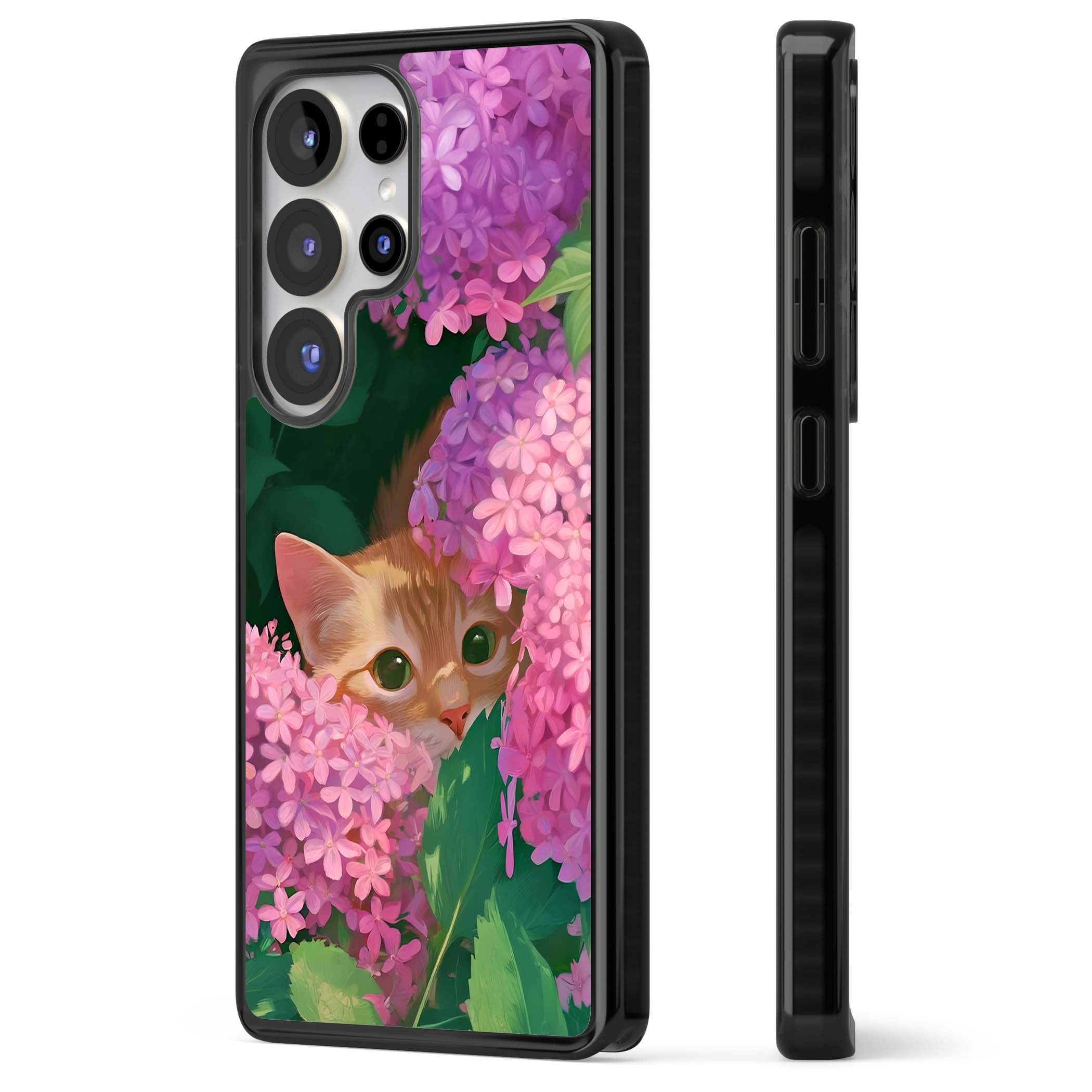 Cat In Pink Flowers cottagecore iPhone case featuring a ginger kitten peeking through lilac and pink hydrangea flo | Black Impact case for Samsung Galaxy S25 Ultra