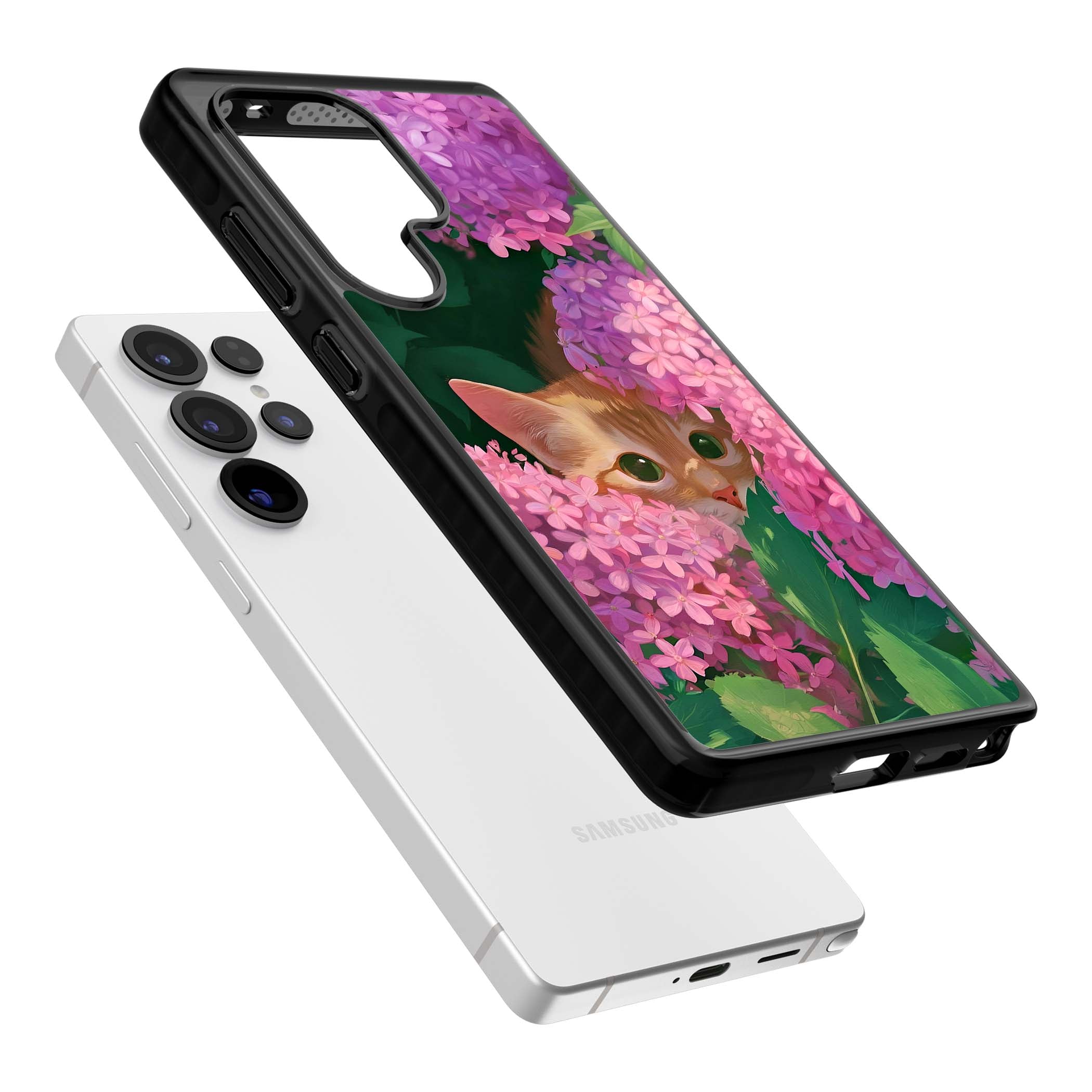 Cat In Pink Flowers cottagecore iPhone case featuring a ginger kitten peeking through lilac and pink hydrangea flo | Black Impact case for Samsung Galaxy S25 Ultra