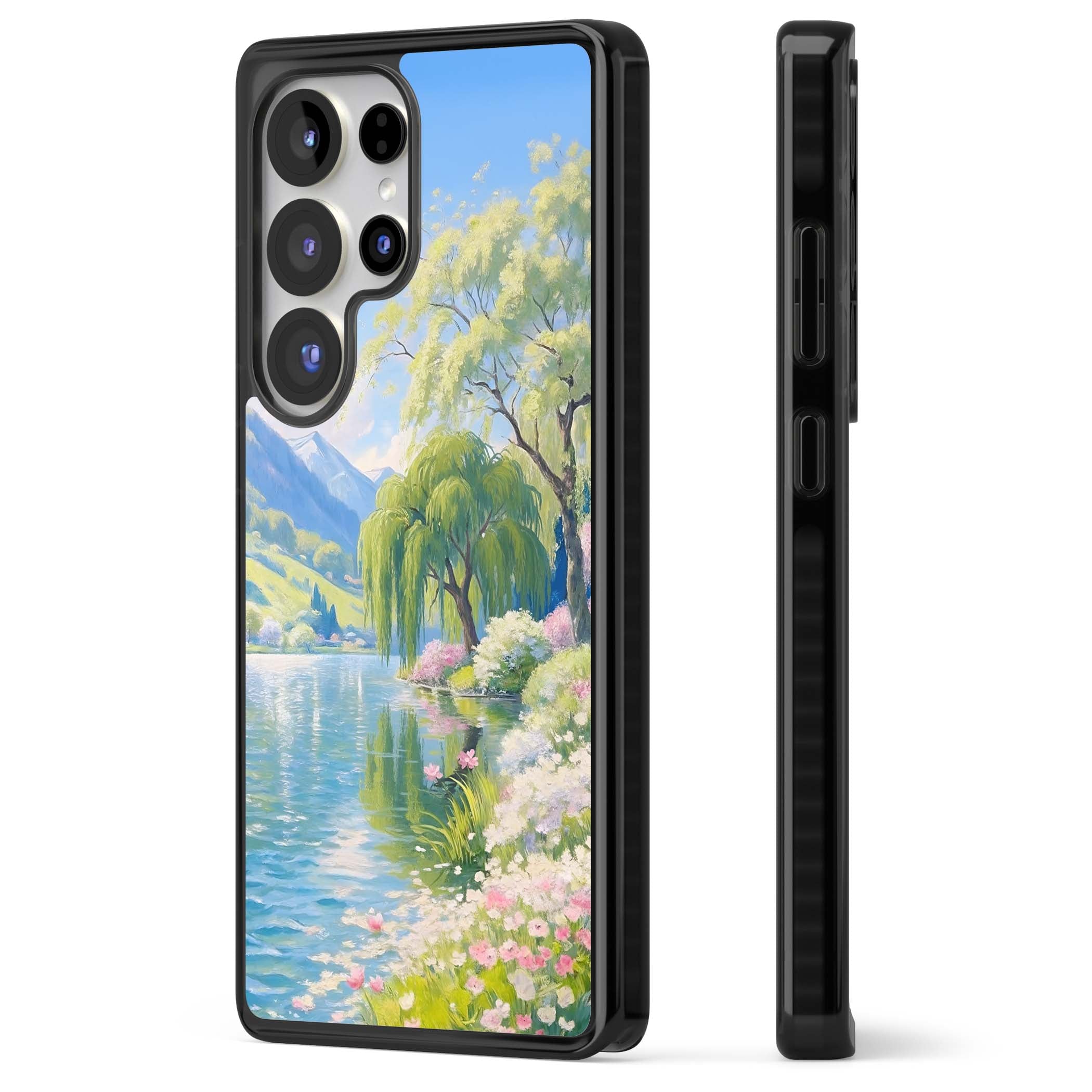 Willow Lake cottagecore iPhone case featuring a painted lakeside with weeping willow, blossoms and distant mountains | Black Impact case for Samsung Galaxy S25 Ultra