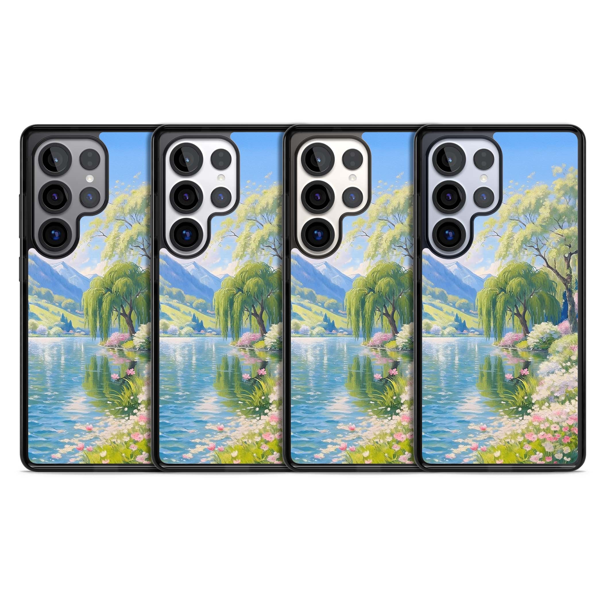 Willow Lake cottagecore iPhone case featuring a painted lakeside with weeping willow, blossoms and distant mountains | Black Impact case for Samsung Galaxy S25 Ultra