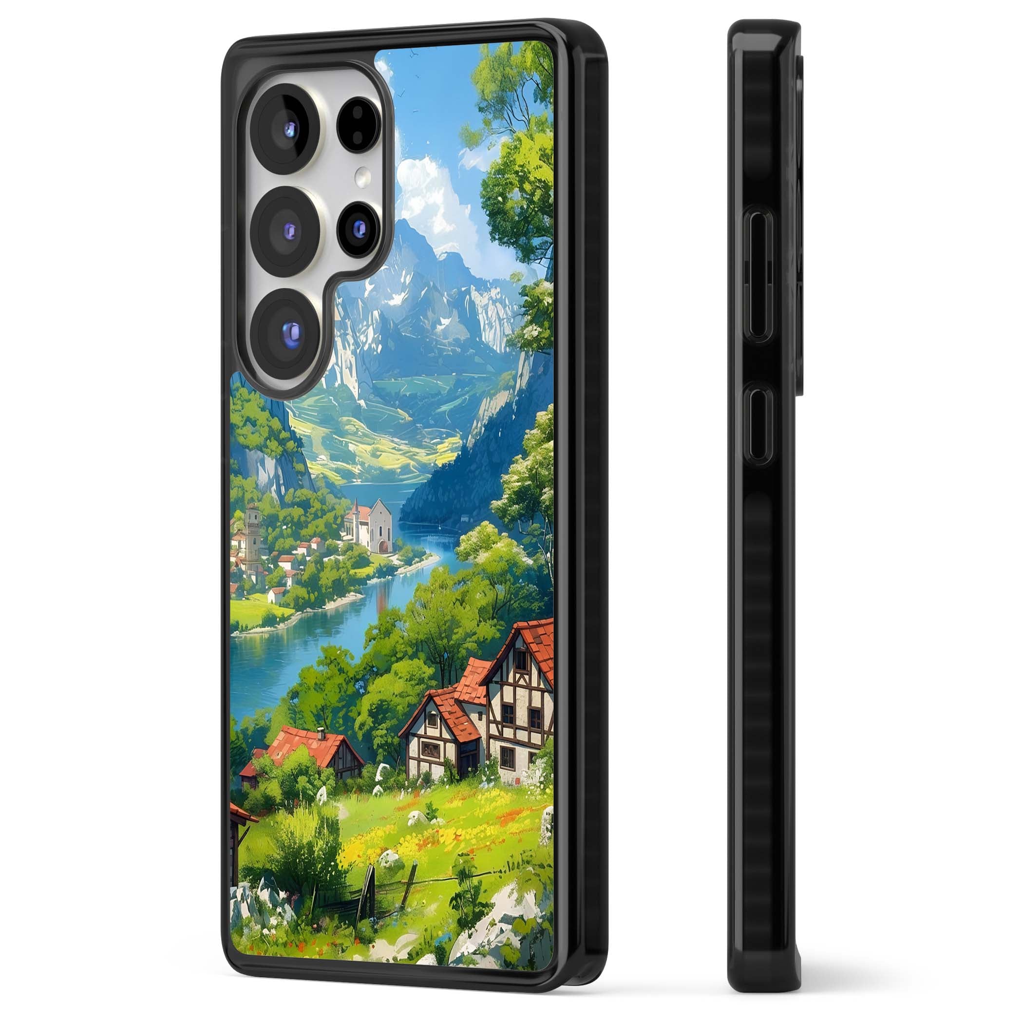 Village In The Valley anime iPhone case featuring a painted mountain village, river valley and half-timbered cottages. | Black Impact case for Samsung Galaxy S25 Ultra
