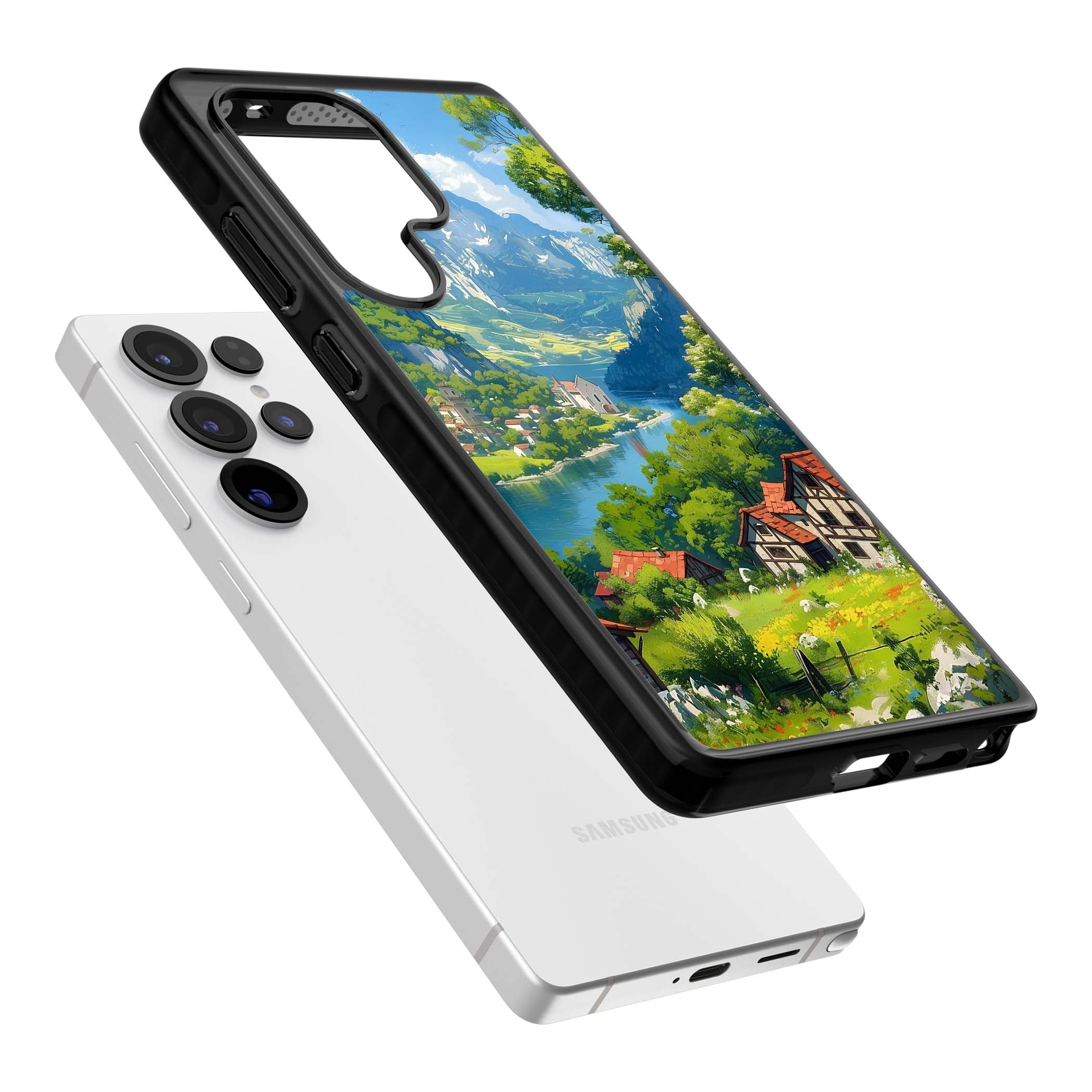 Village In The Valley anime iPhone case featuring a painted mountain village, river valley and half-timbered cottages. | Black Impact case for Samsung Galaxy S25 Ultra