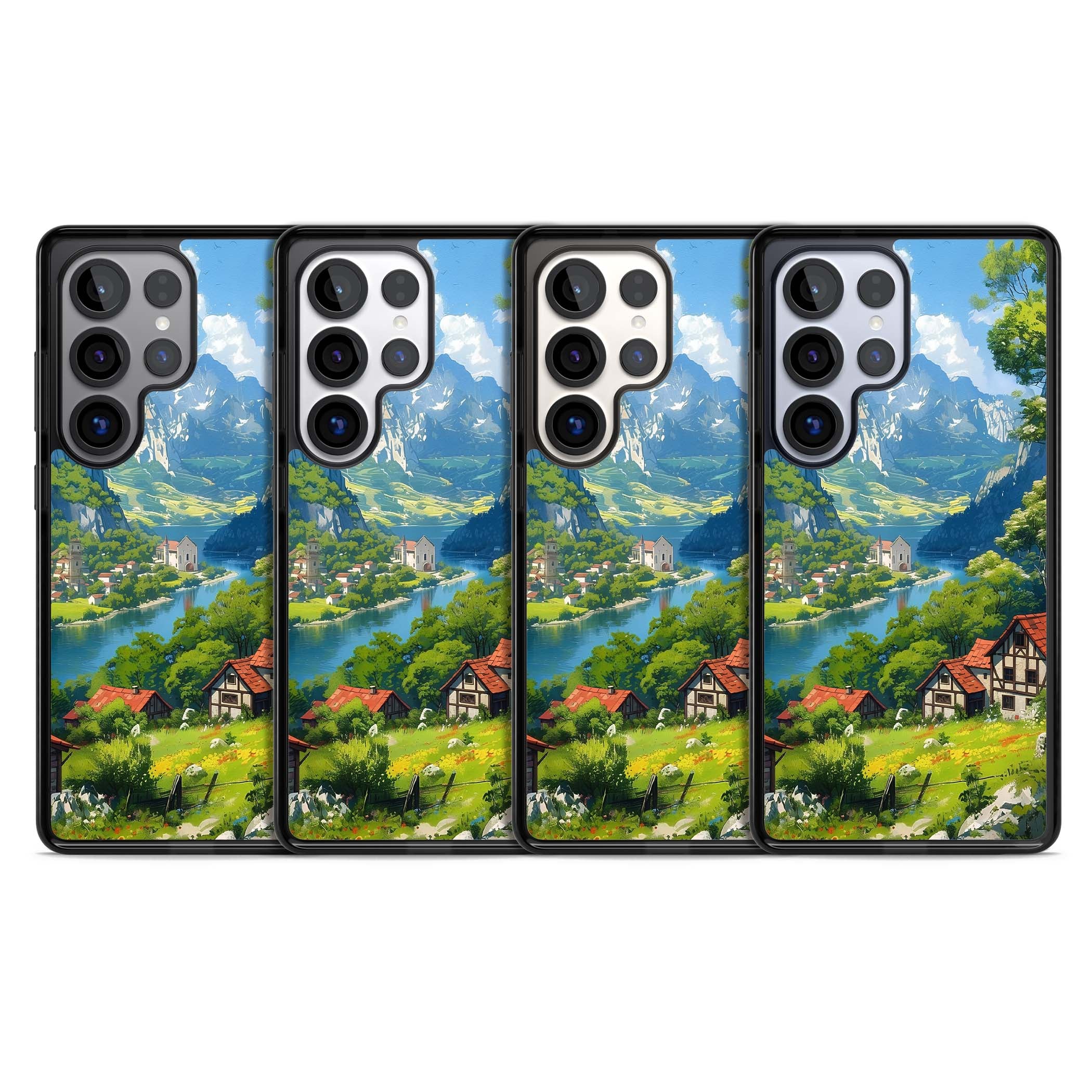 Village In The Valley anime iPhone case featuring a painted mountain village, river valley and half-timbered cottages. | Black Impact case for Samsung Galaxy S25 Ultra