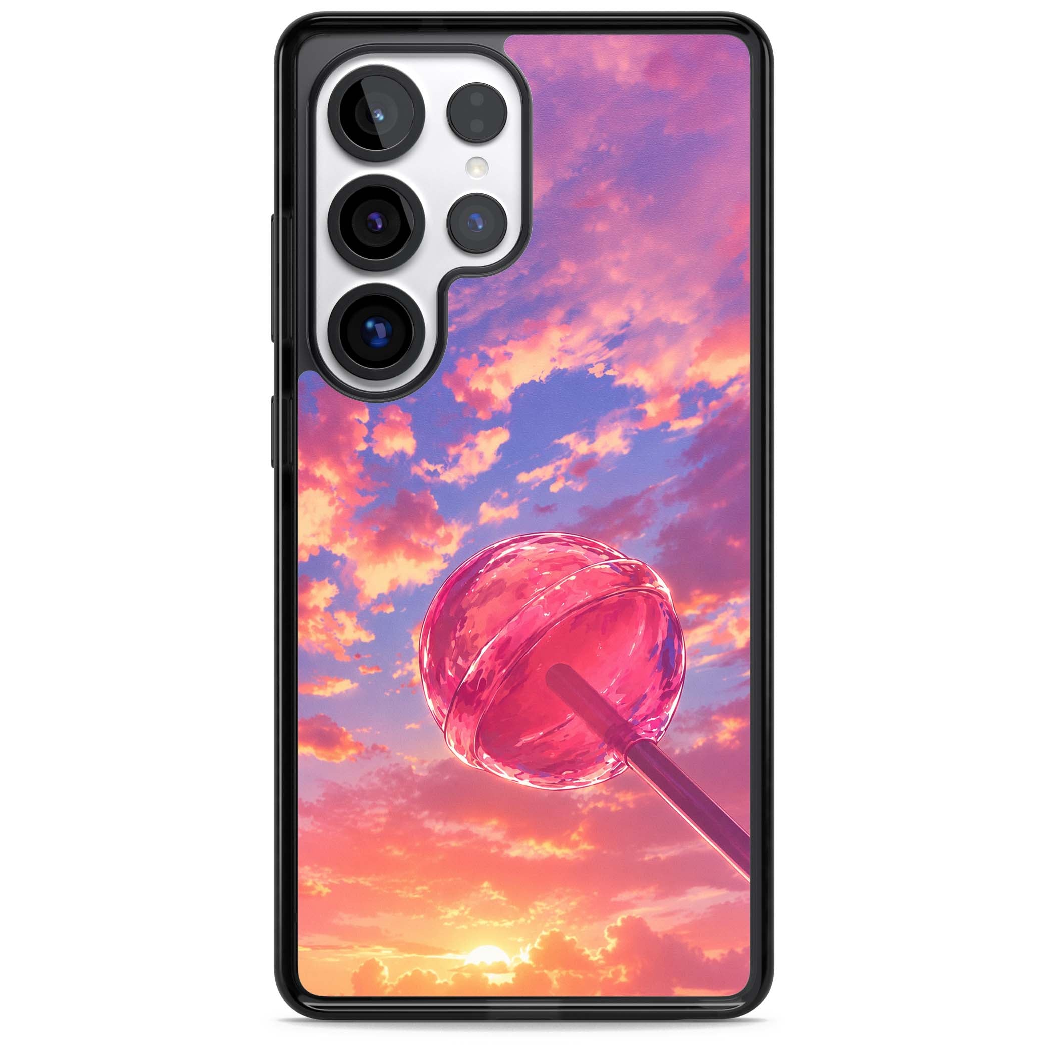 Sugar Sunset candy aesthetic iPhone case featuring a pink lollipop, pastel sunset sky and dreamy clouds | Black Impact case for Samsung Galaxy S25 Ultra