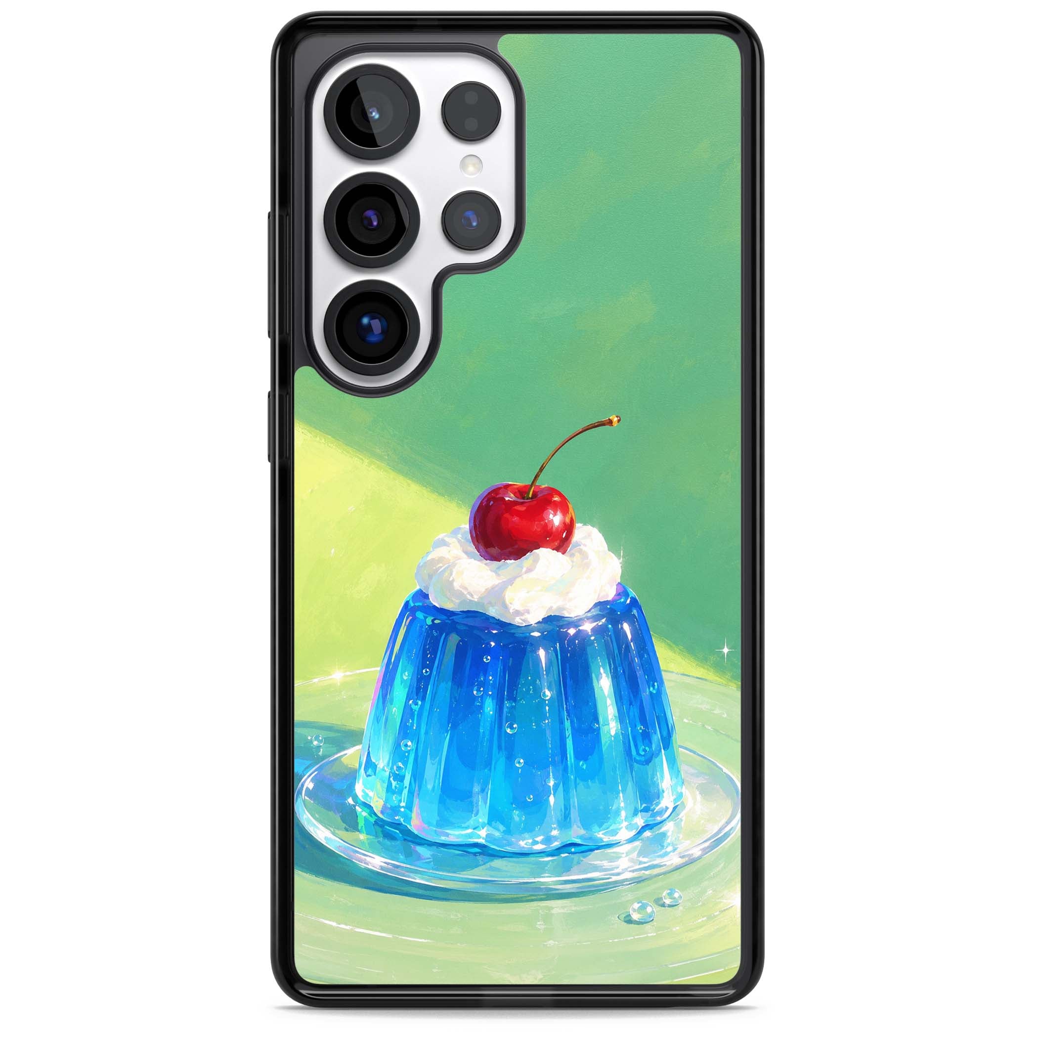 Cherry Jelly kawaii dessert iPhone case featuring blue jelly pudding, whipped cream and a red cherry | Black Impact case for Samsung Galaxy S25 Ultra