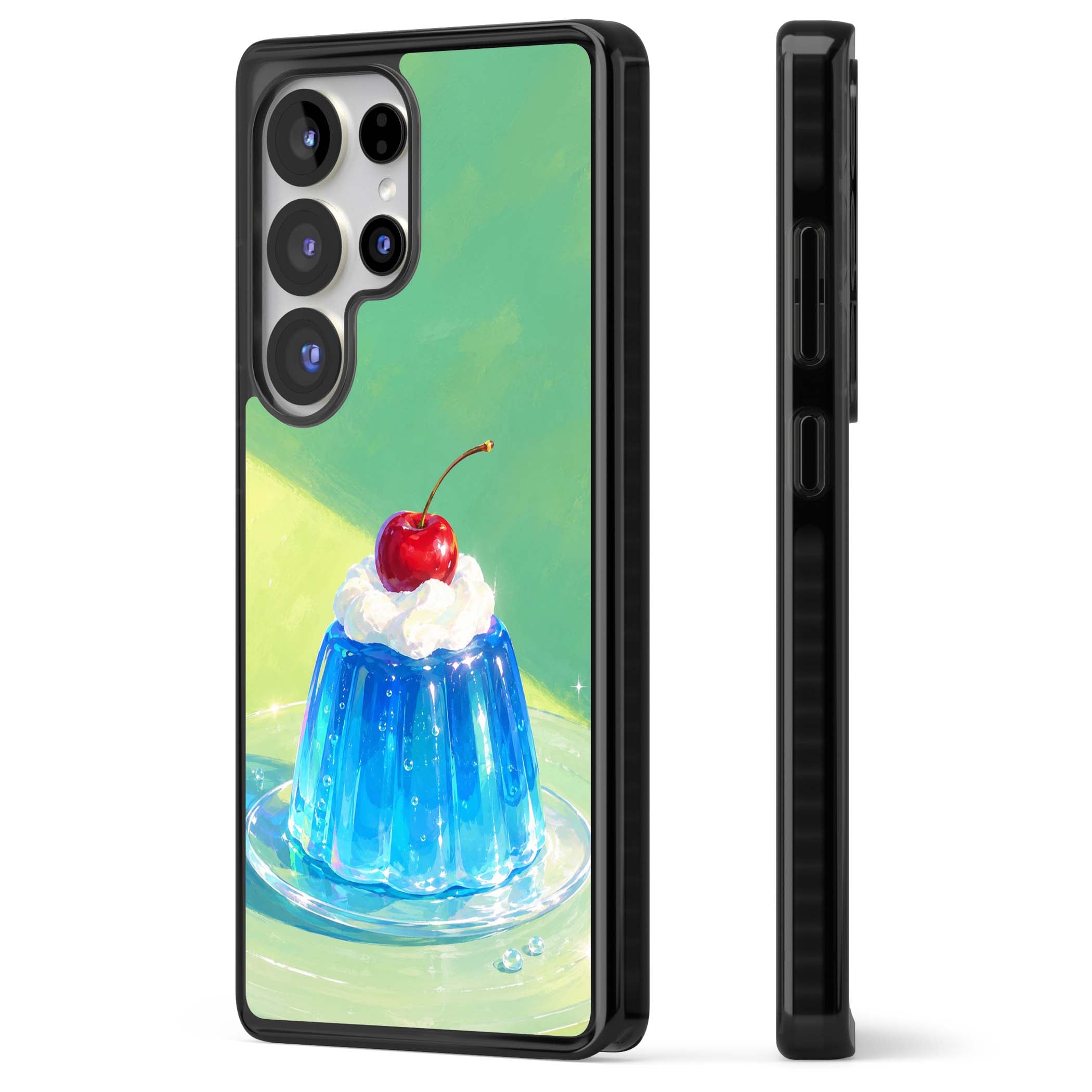 Cherry Jelly kawaii dessert iPhone case featuring blue jelly pudding, whipped cream and a red cherry | Black Impact case for Samsung Galaxy S25 Ultra