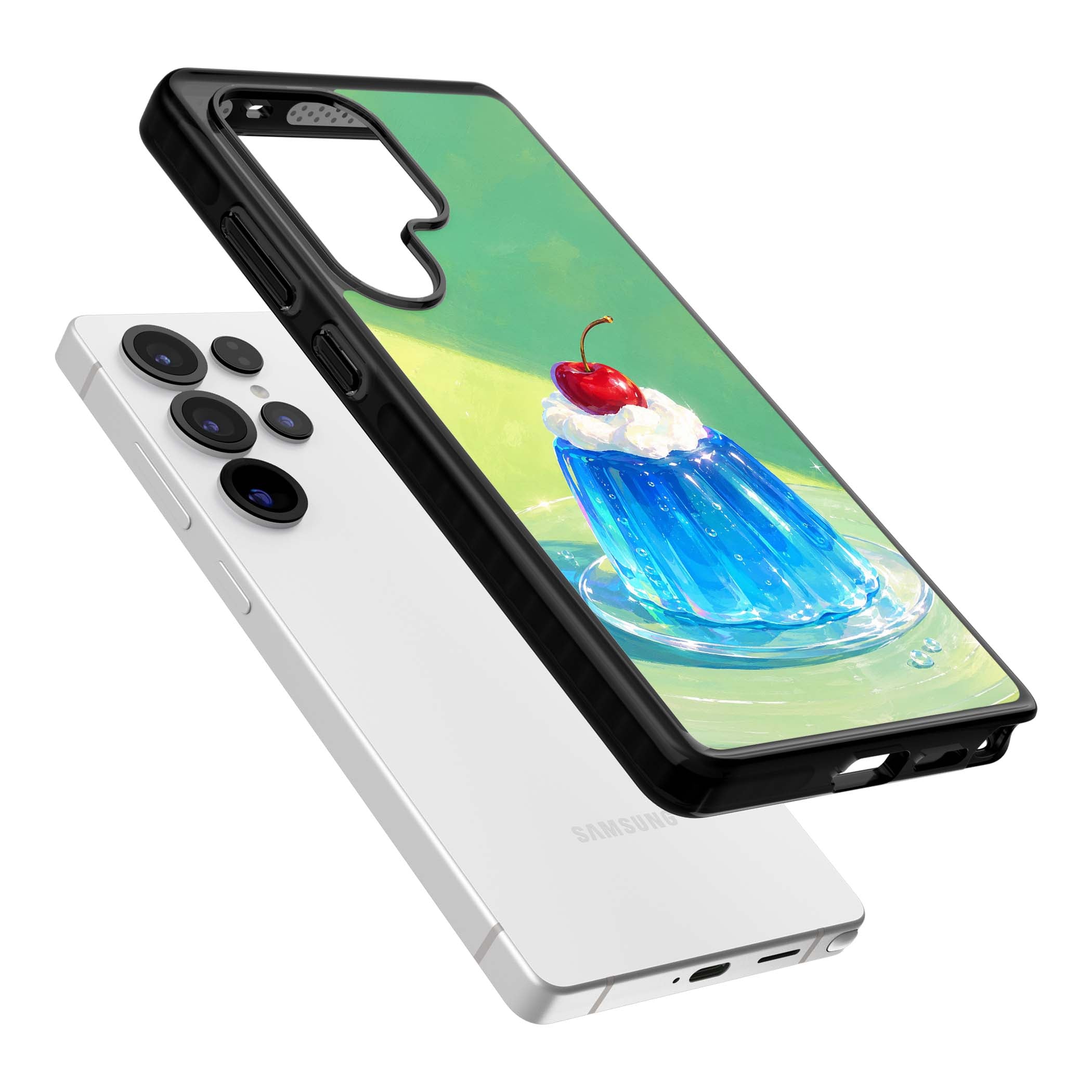 Cherry Jelly kawaii dessert iPhone case featuring blue jelly pudding, whipped cream and a red cherry | Black Impact case for Samsung Galaxy S25 Ultra