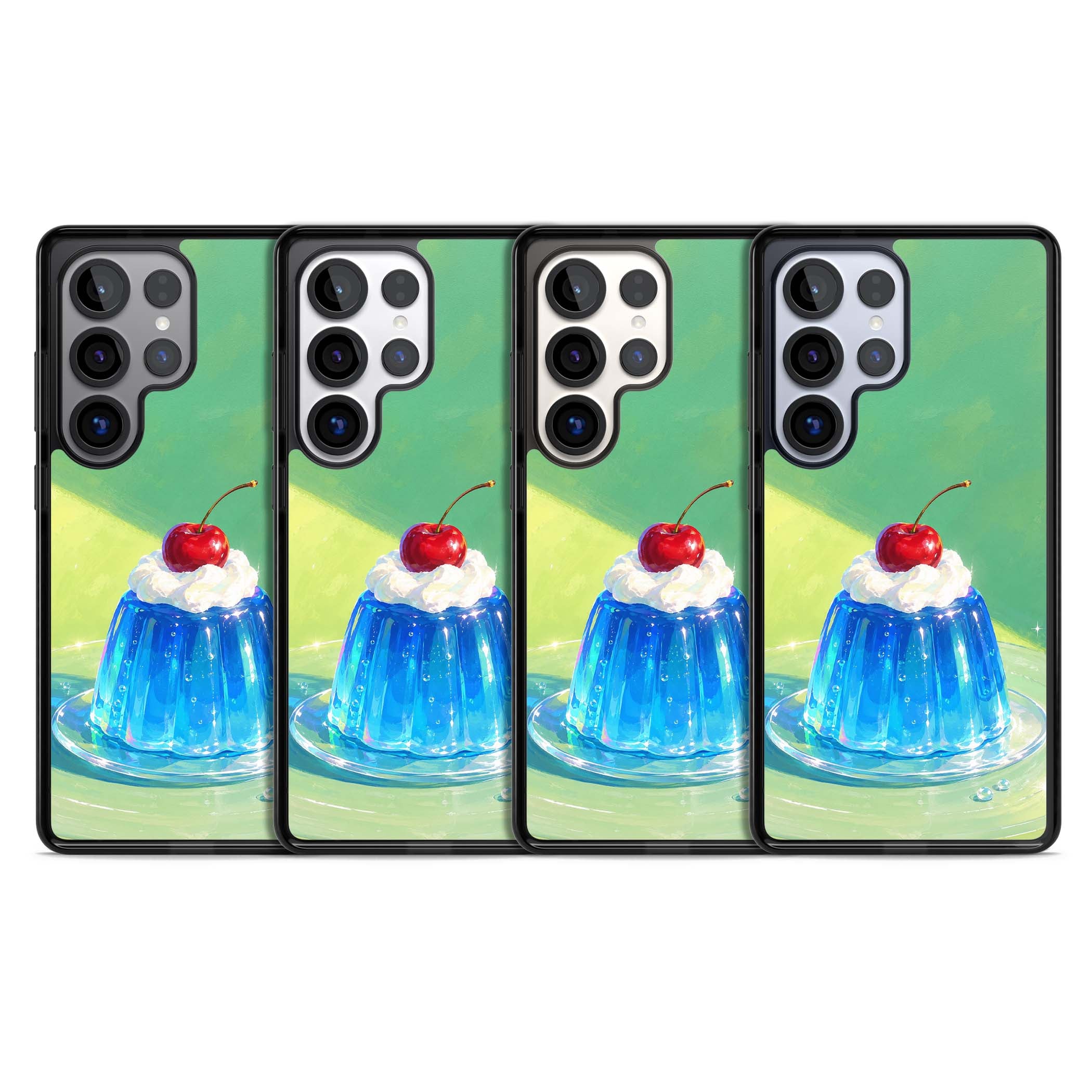 Cherry Jelly kawaii dessert iPhone case featuring blue jelly pudding, whipped cream and a red cherry | Black Impact case for Samsung Galaxy S25 Ultra
