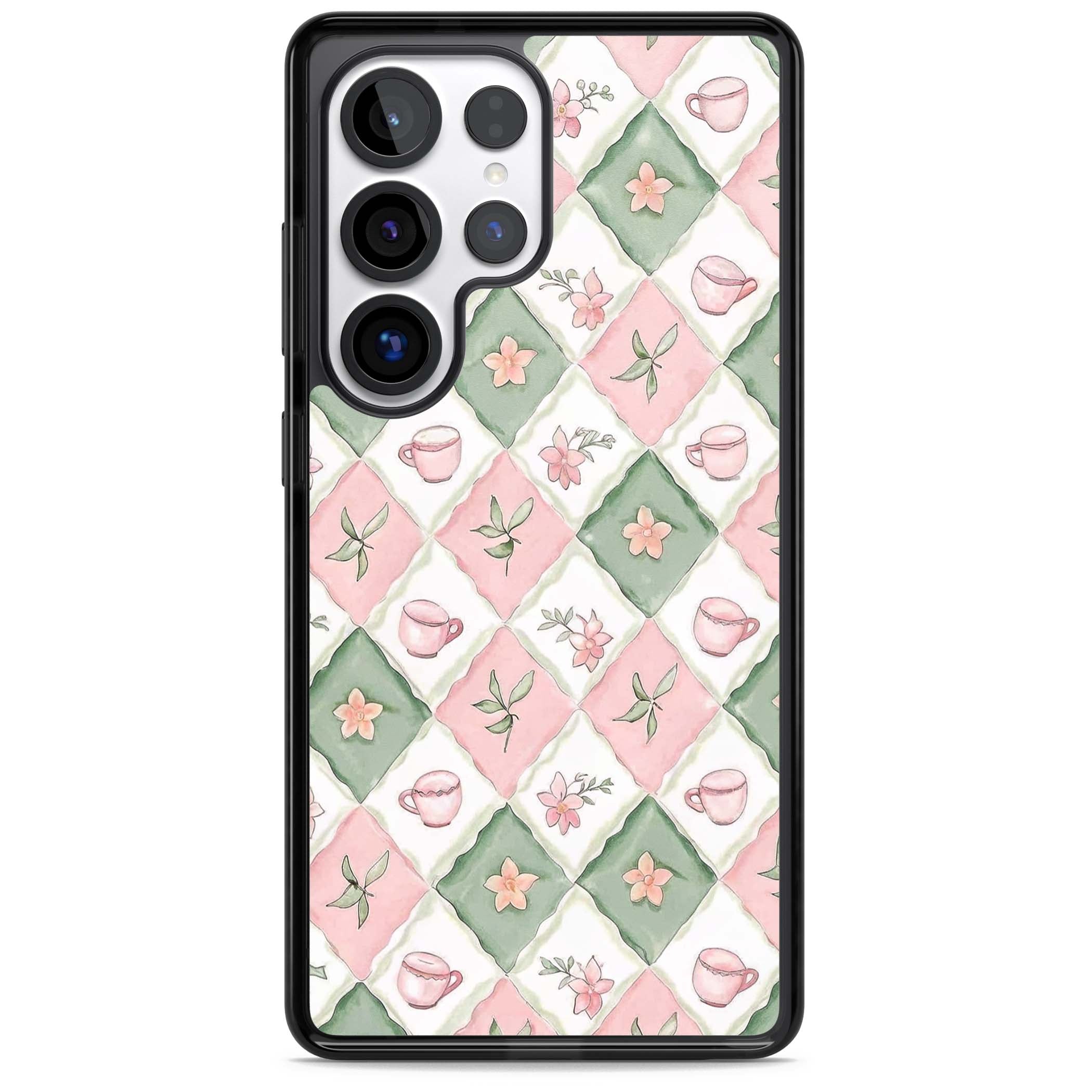 Garden Tea Party coquette iPhone case with pink and green checkered pattern, watercolour teacups and wildflowers | Black Impact case for Samsung Galaxy S25 Ultra