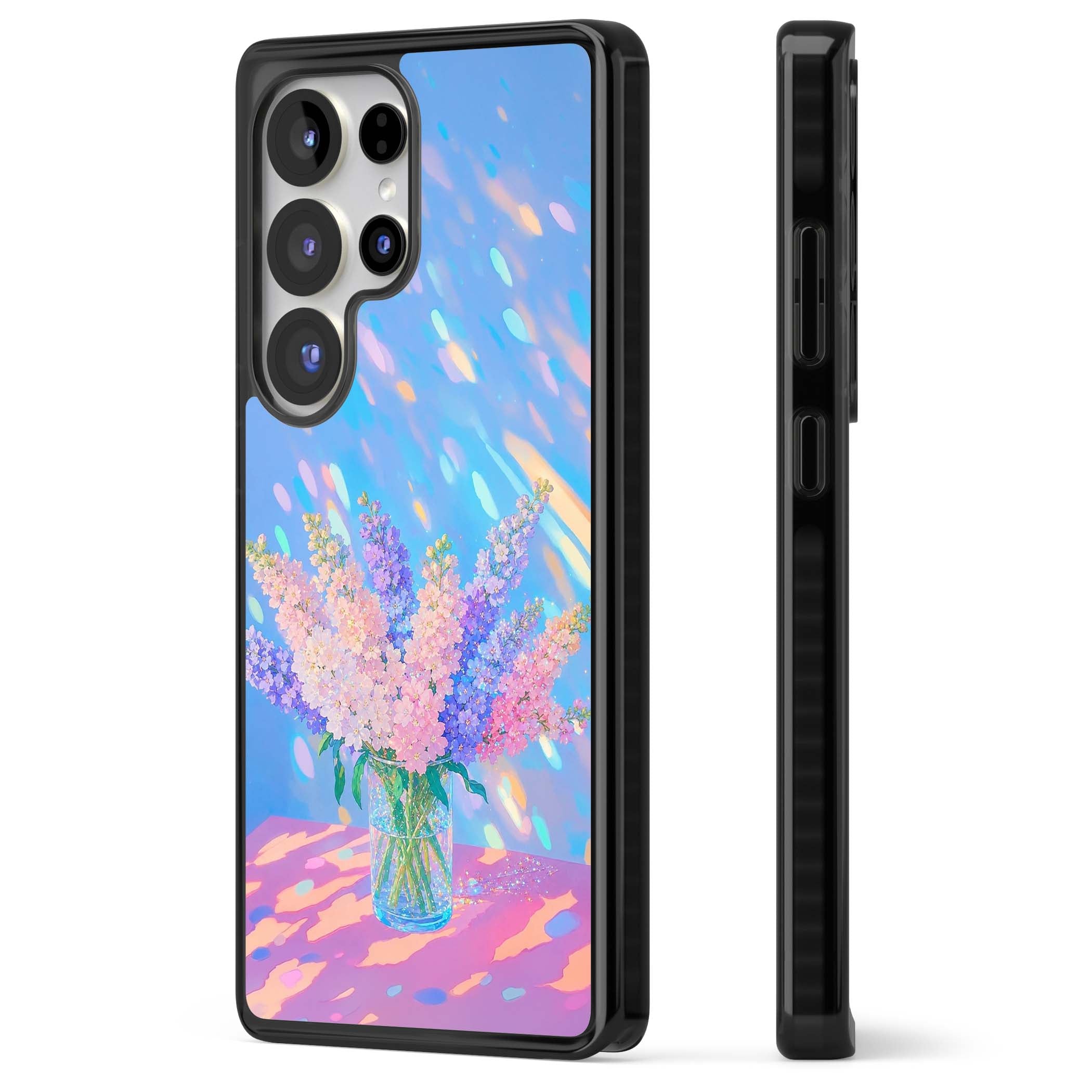 Bubblegum Flowers floral iPhone case featuring pastel lilac and pink bouquet in a glass vase with iridescent light | Black Impact case for Samsung Galaxy S25 Ultra