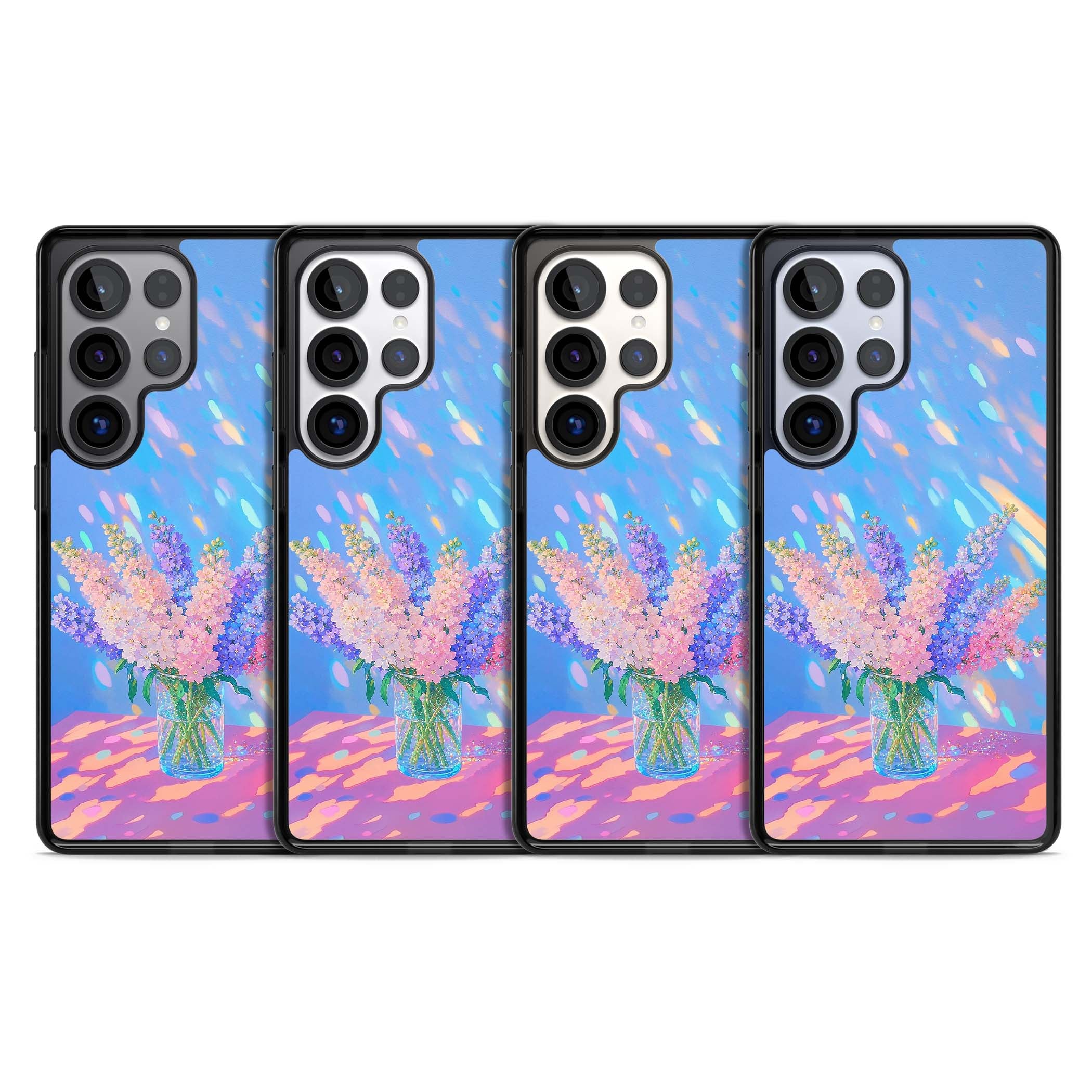Bubblegum Flowers floral iPhone case featuring pastel lilac and pink bouquet in a glass vase with iridescent light | Black Impact case for Samsung Galaxy S25 Ultra