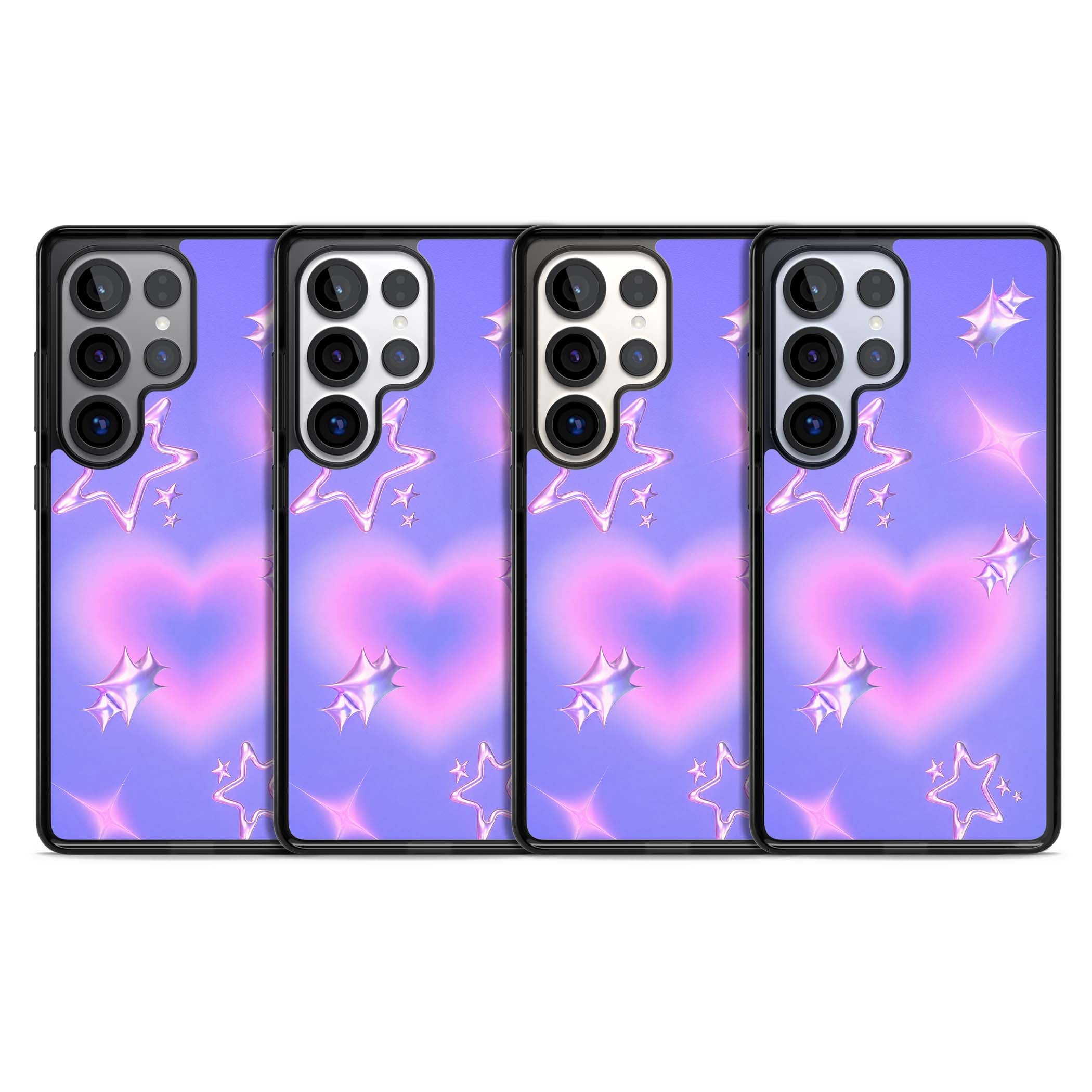 Soft Sugar Y2K iPhone case featuring iridescent chrome hearts, metallic pink stars and a lavender gradient sky | Black Impact case for Samsung Galaxy S25 Ultra