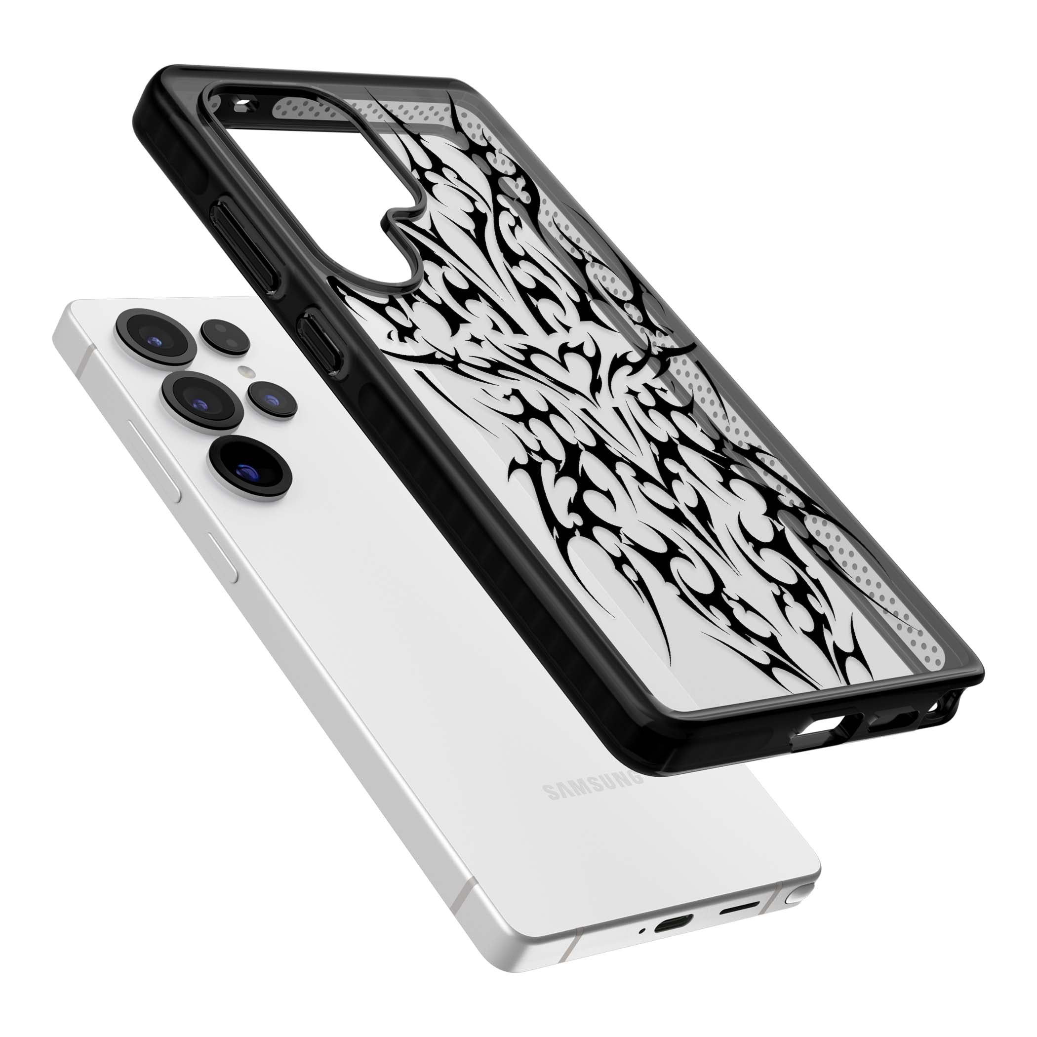Neo Tribal Heart gothic iPhone case featuring symmetrical black tribal tattoo art with sharp thorn-like linework | Black Impact case for Samsung Galaxy S25 Ultra