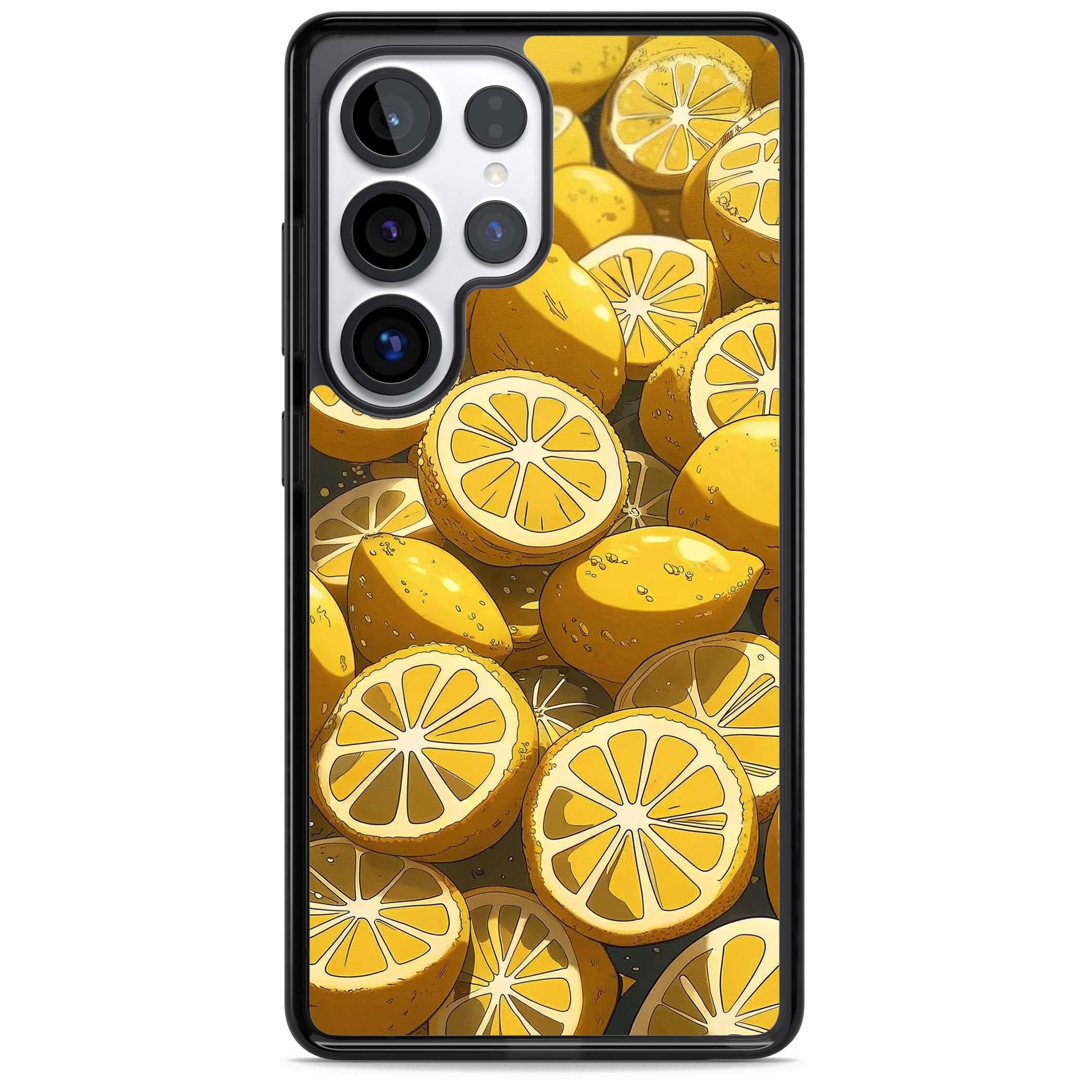 Zesty coastal iPhone case featuring illustrated Mediterranean lemons and citrus slices in golden yellow | Black Impact case for Samsung Galaxy S25 Ultra
