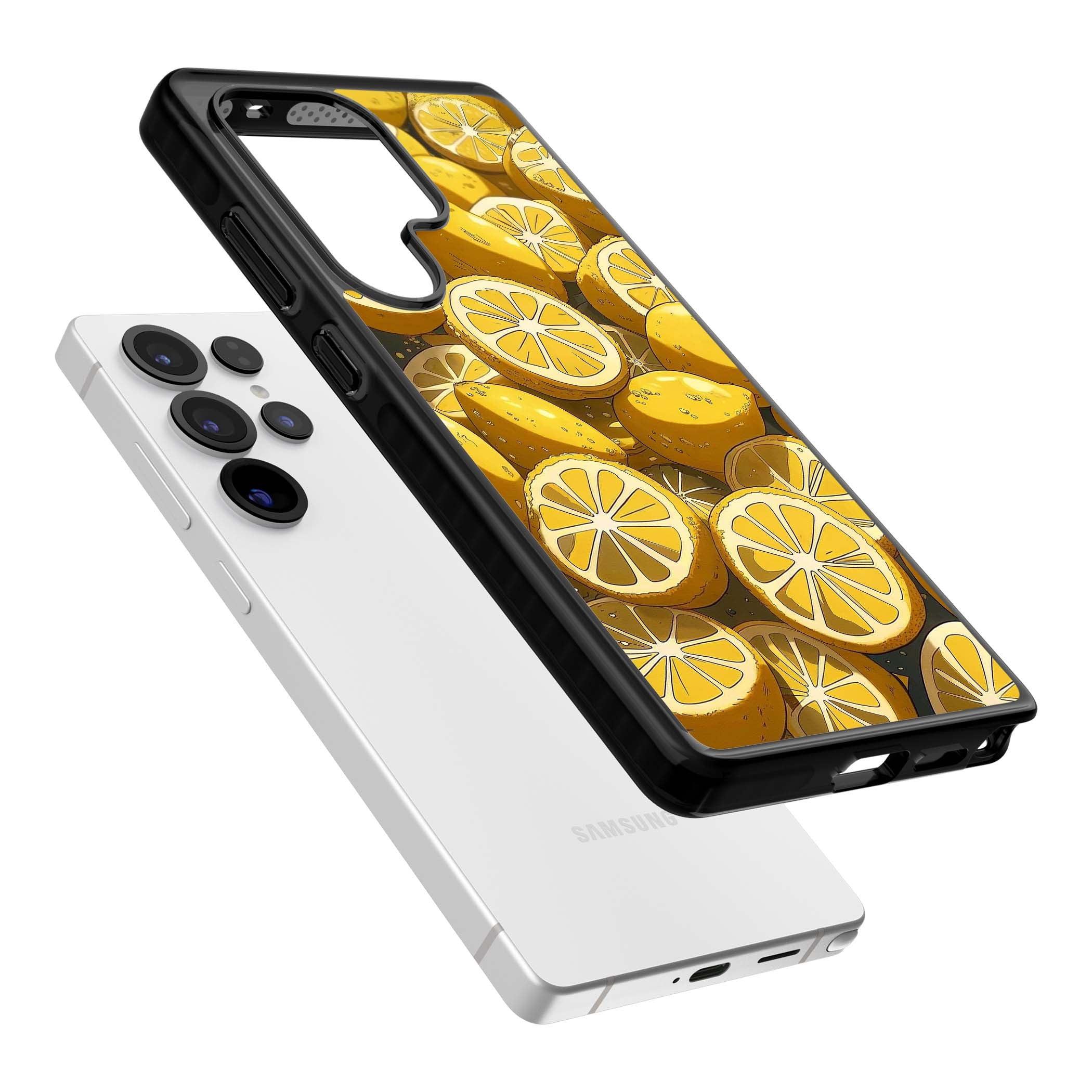 Zesty coastal iPhone case featuring illustrated Mediterranean lemons and citrus slices in golden yellow | Black Impact case for Samsung Galaxy S25 Ultra