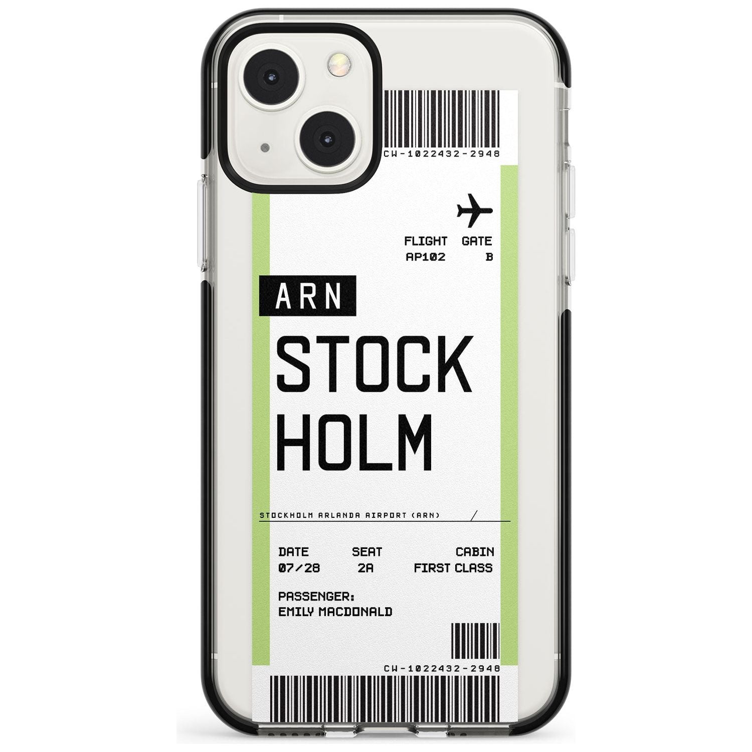 Personalised Stockholm Boarding Pass Custom Phone Case iPhone 13 Mini / Black Impact Case Blanc Space