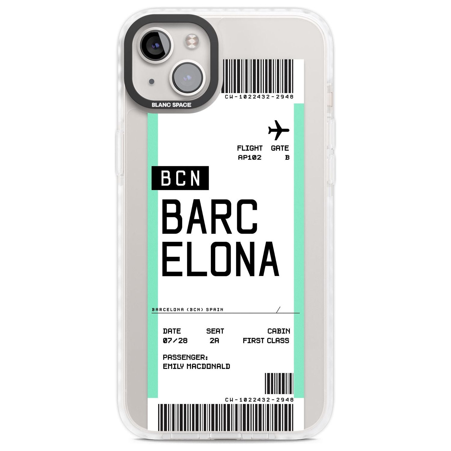 Personalised Barcelona Boarding Pass Custom Phone Case iPhone 14 Plus / Impact Case Blanc Space