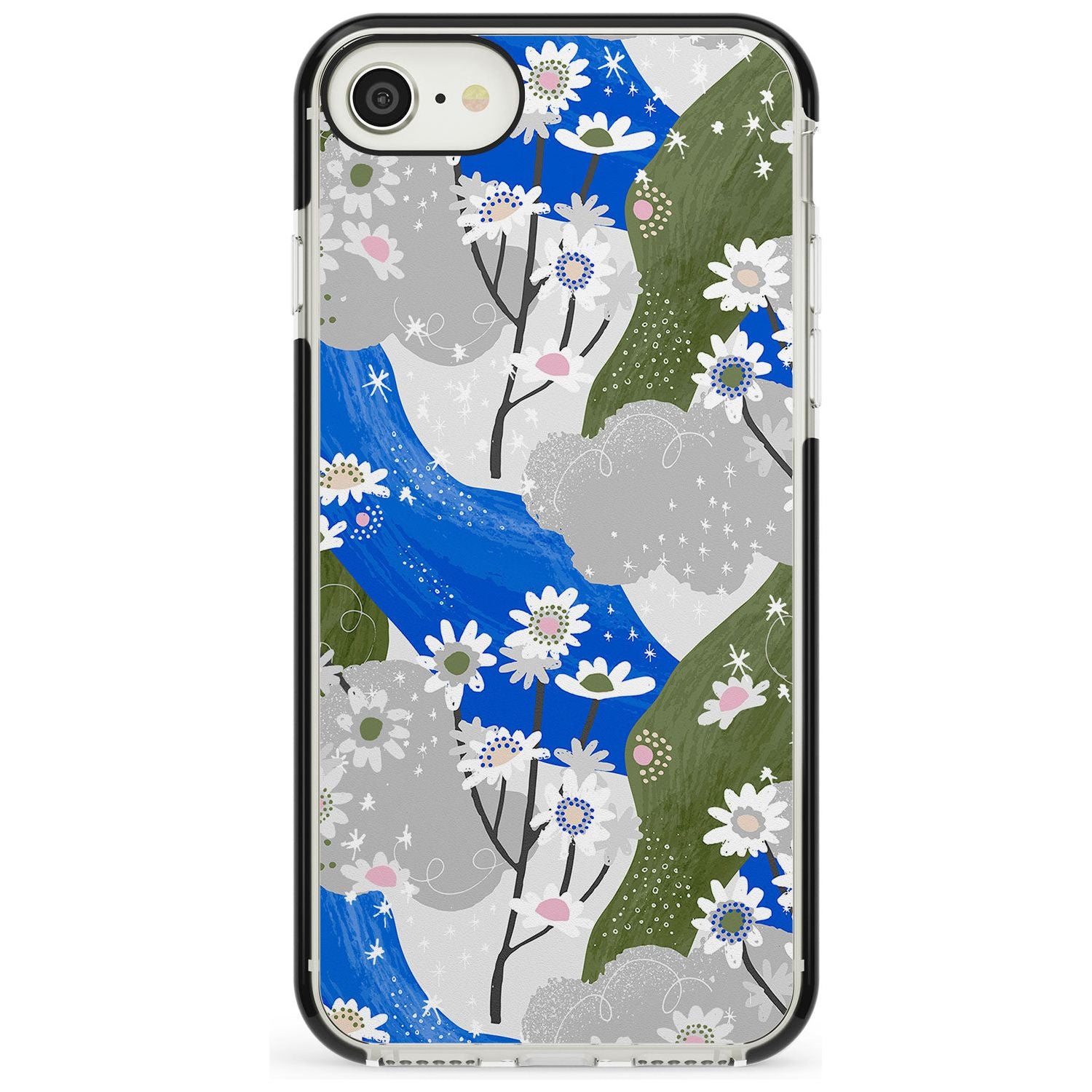 Blue & Grey Daisies Pattern iPhone Case Black Impact Phone Case - Case Warehouse
