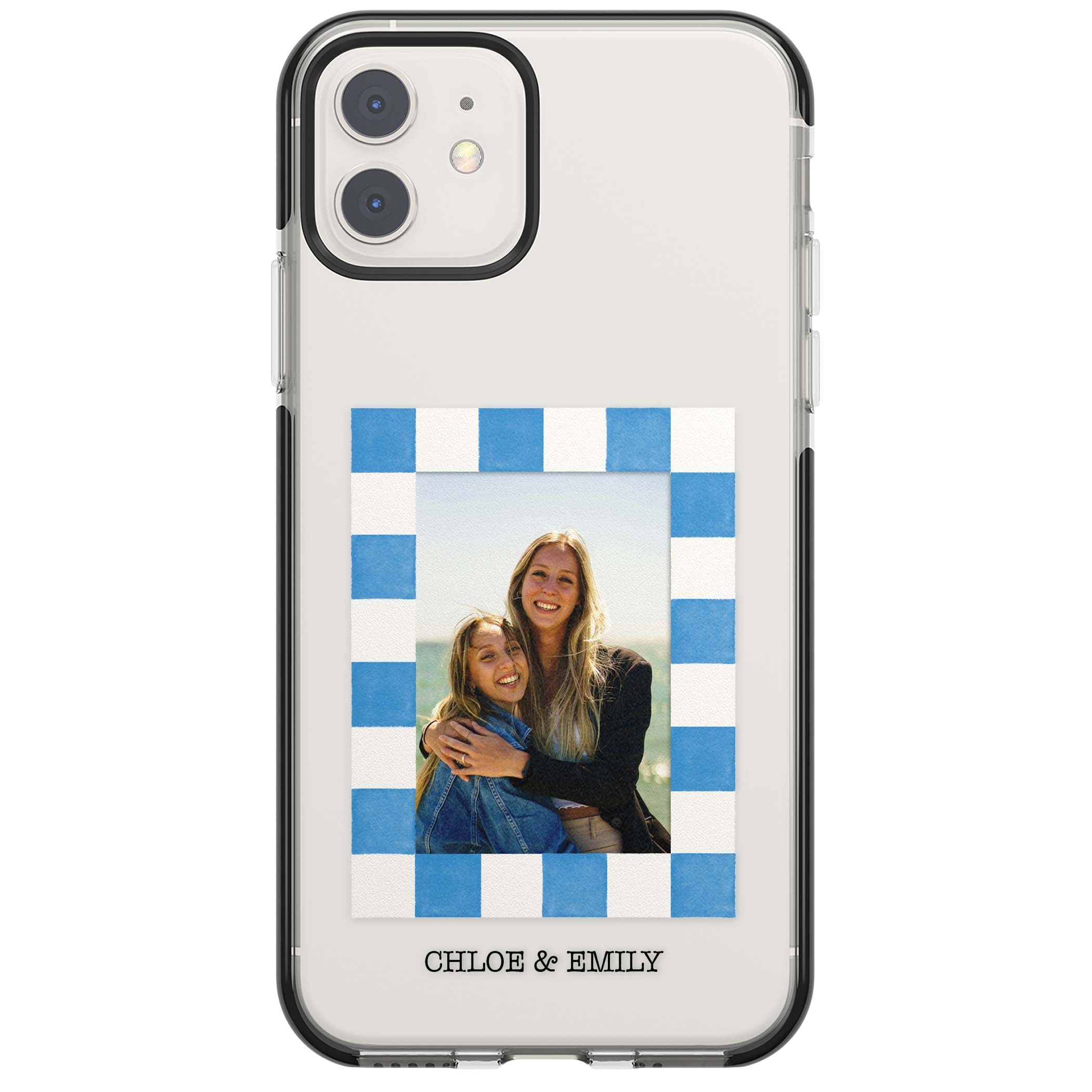 Blue Check Photo personalised photo iPhone case with blue checkered frame and custom couple names | Black Impact case for iPhone 11, iPhone 12
