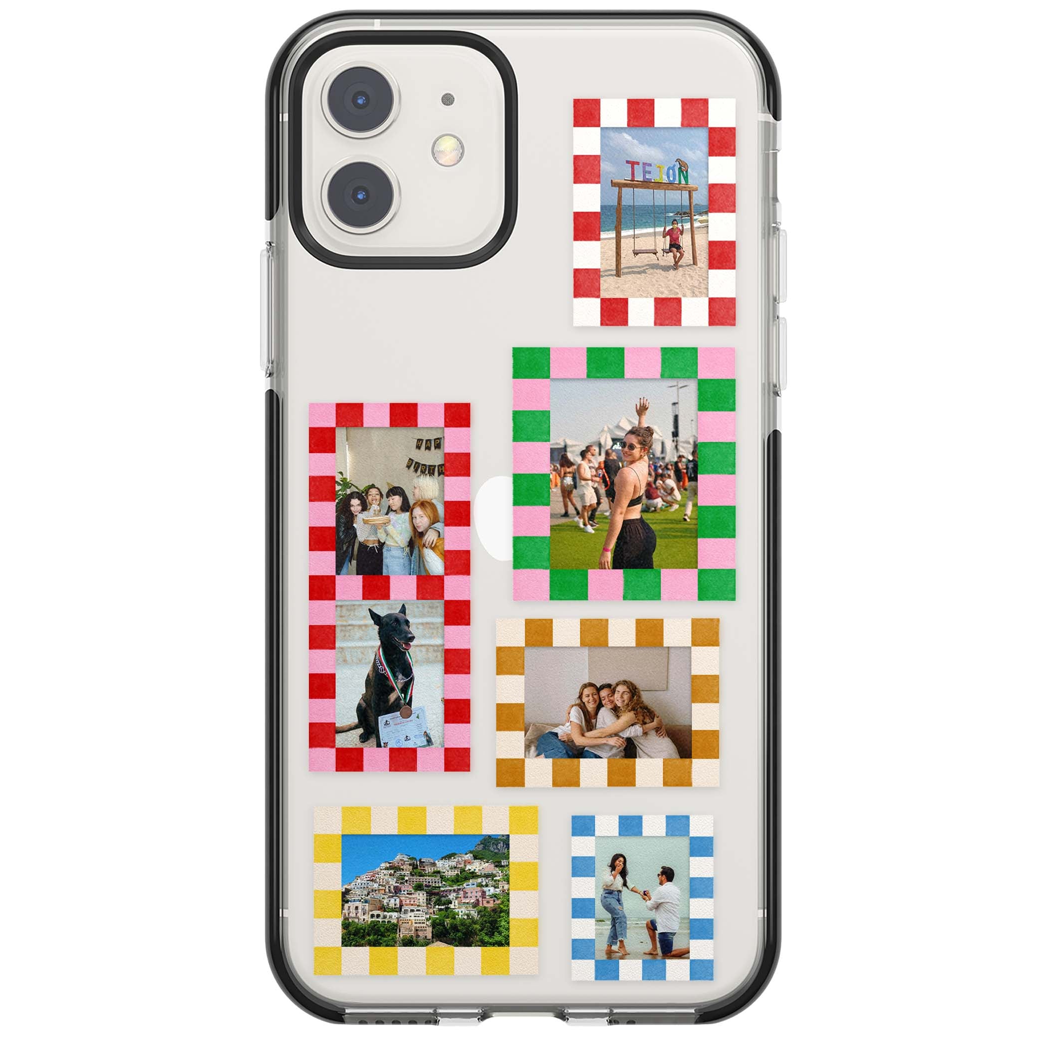 Italian Check Frames custom photo collage iPhone case featuring six checkered photo frames in red, green, pink and  | Black Impact case for iPhone 11, iPhone 12