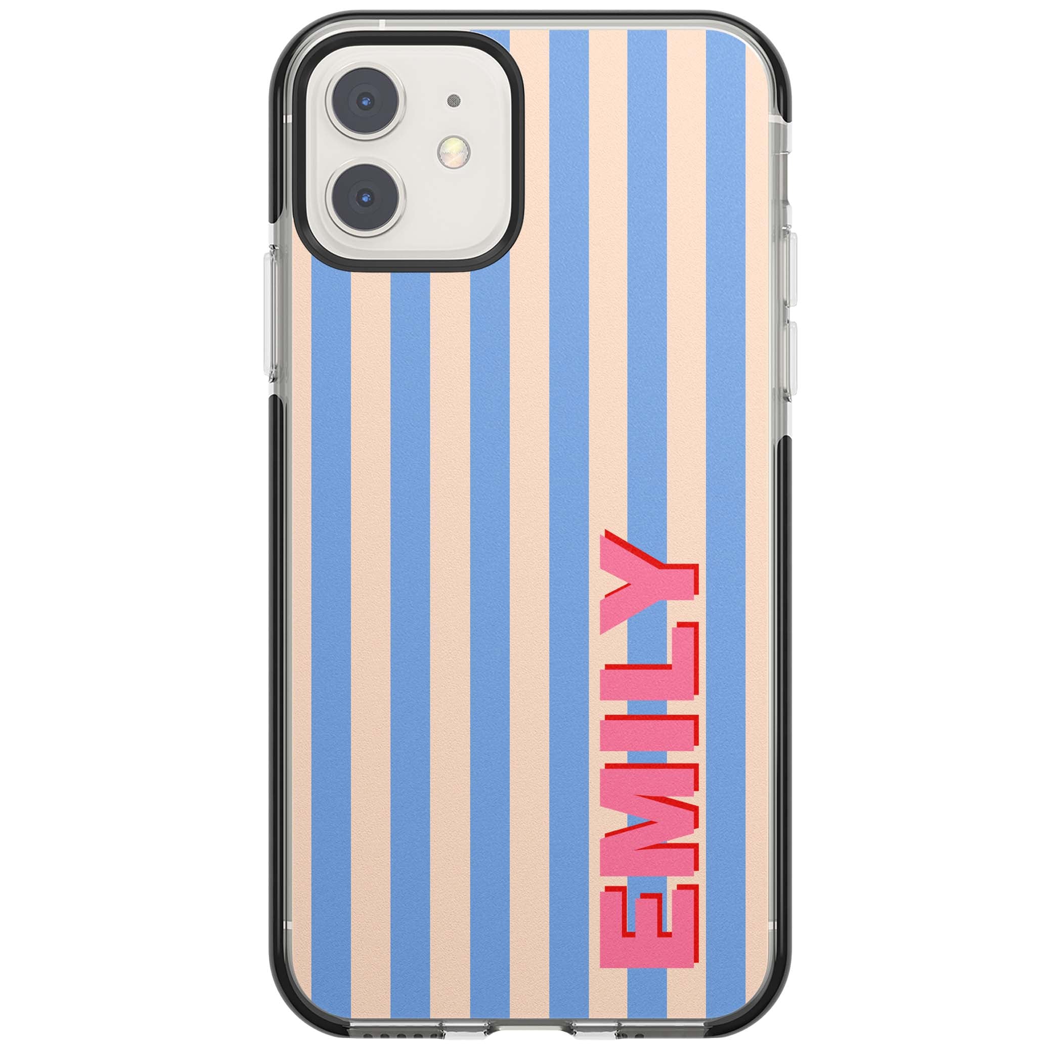 Coastal Stripe personalised coastal iPhone case with blue and peach vertical stripes and custom pink name | Black Impact case for iPhone 11, iPhone 12