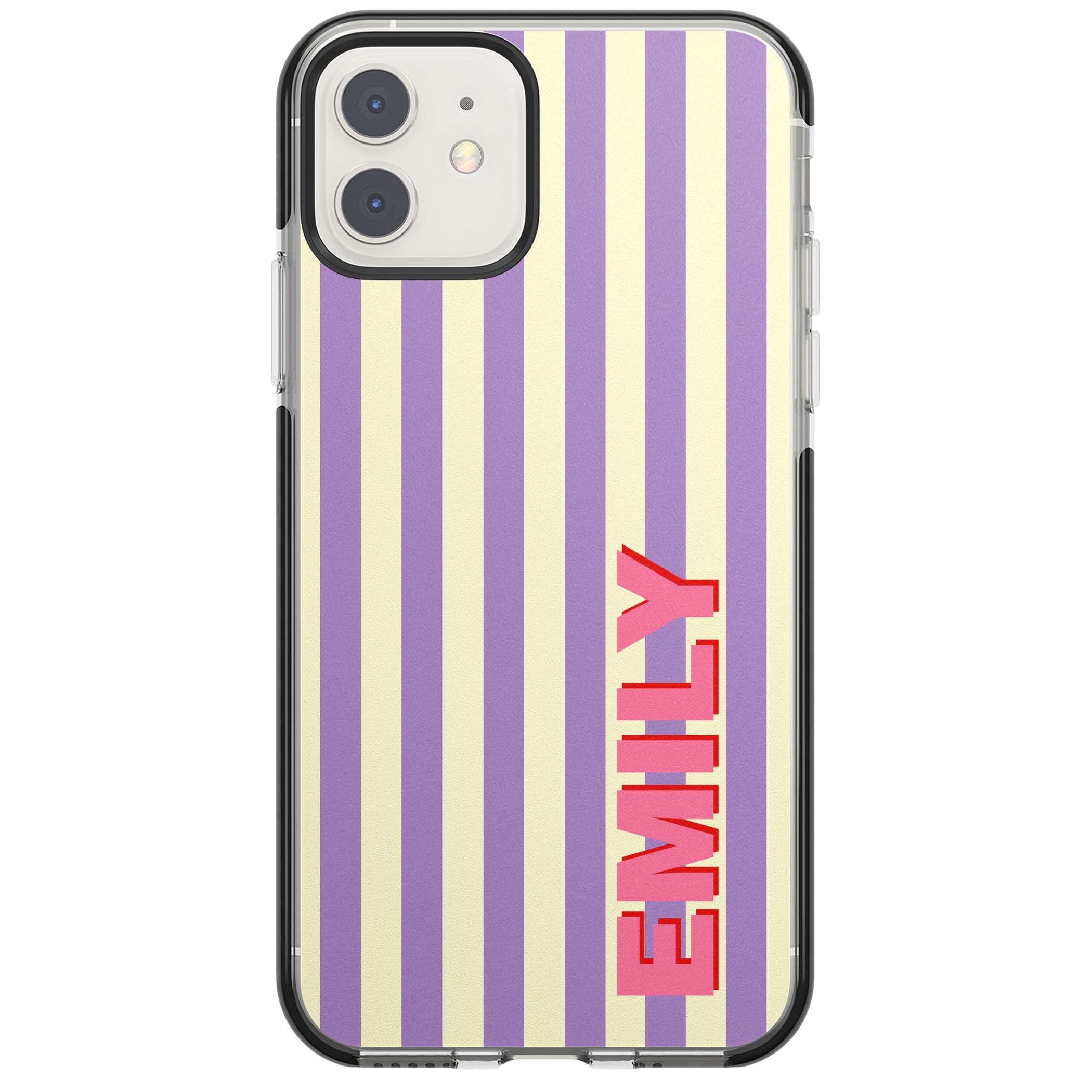 Valensole Stripe personalised iPhone case with purple and cream vertical stripes and pink custom name | Black Impact case for iPhone 11, iPhone 12