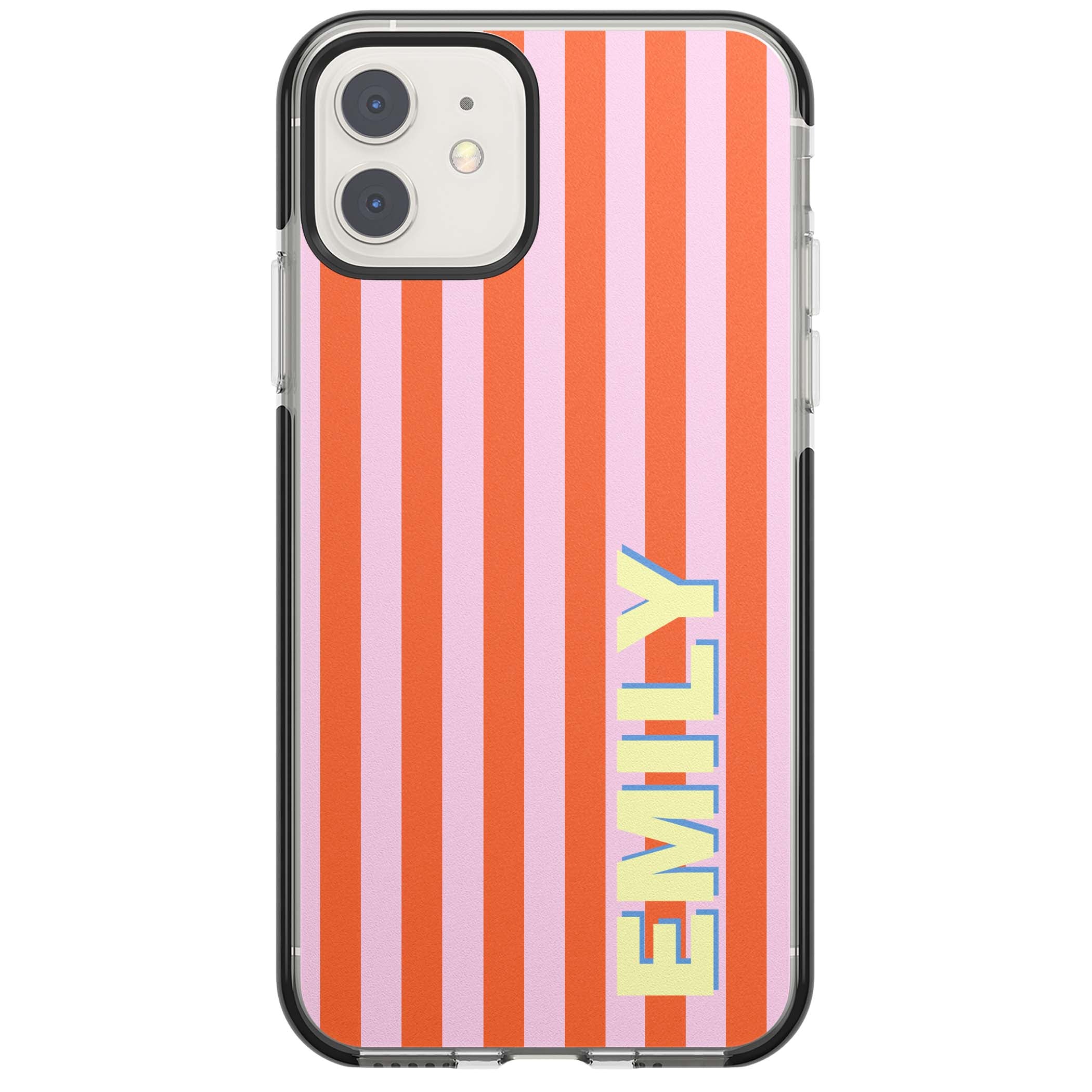 Havana Stripe personalised iPhone case featuring pink and orange vertical stripes with a custom yellow name | Black Impact case for iPhone 11, iPhone 12