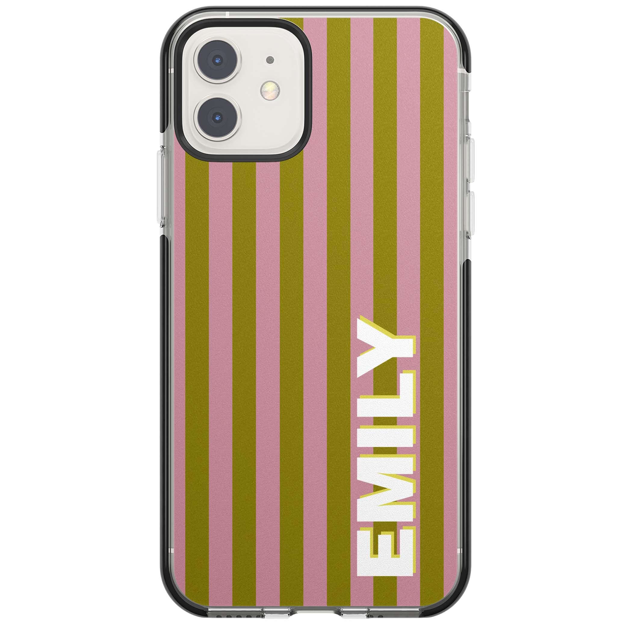 Istanbul Stripe personalised iPhone case featuring pink and olive green vertical stripes with a custom vertical name | Black Impact case for iPhone 11, iPhone 12