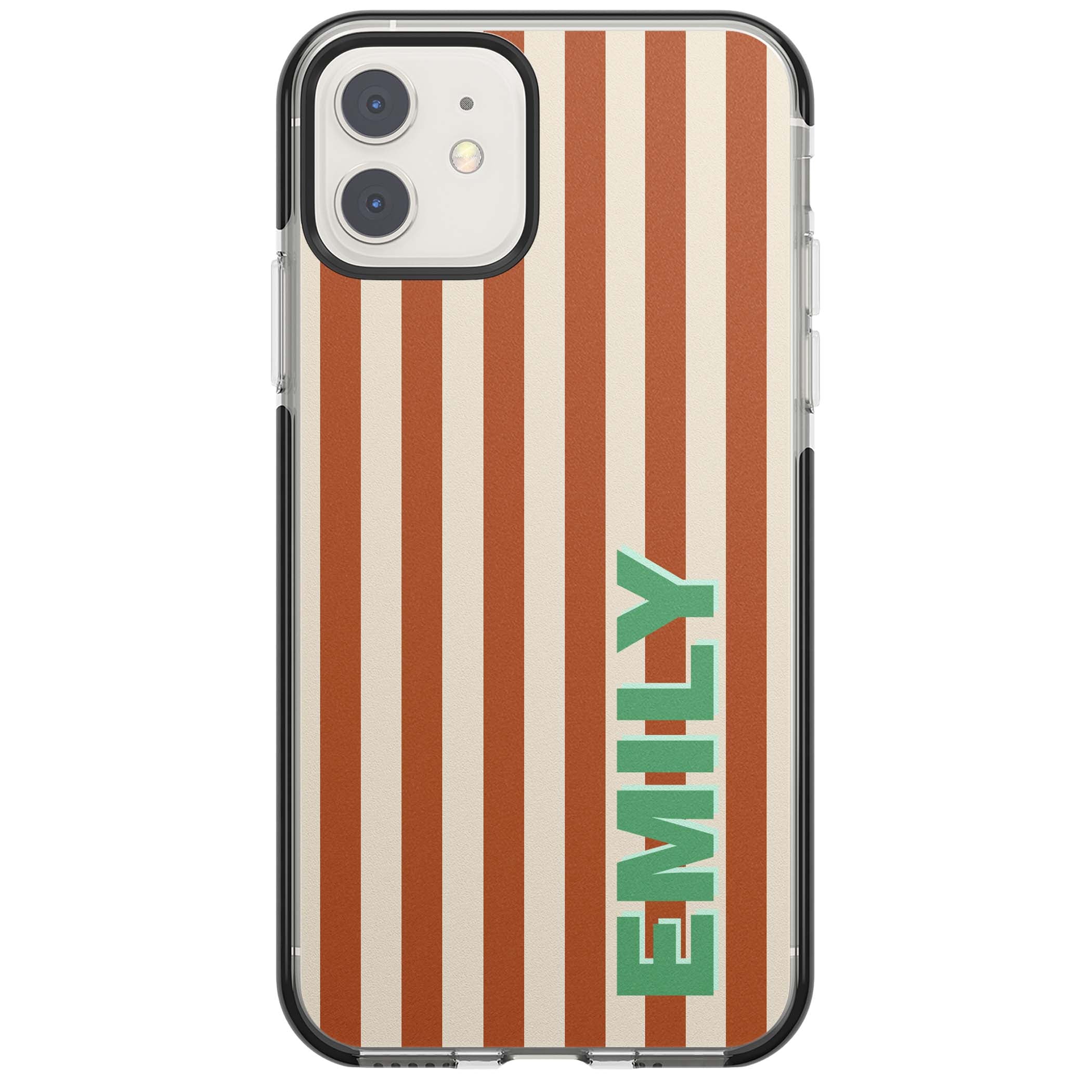 Dune Stripe personalised iPhone case with rust and cream vertical stripes and custom name in mint green | Black Impact case for iPhone 11, iPhone 12
