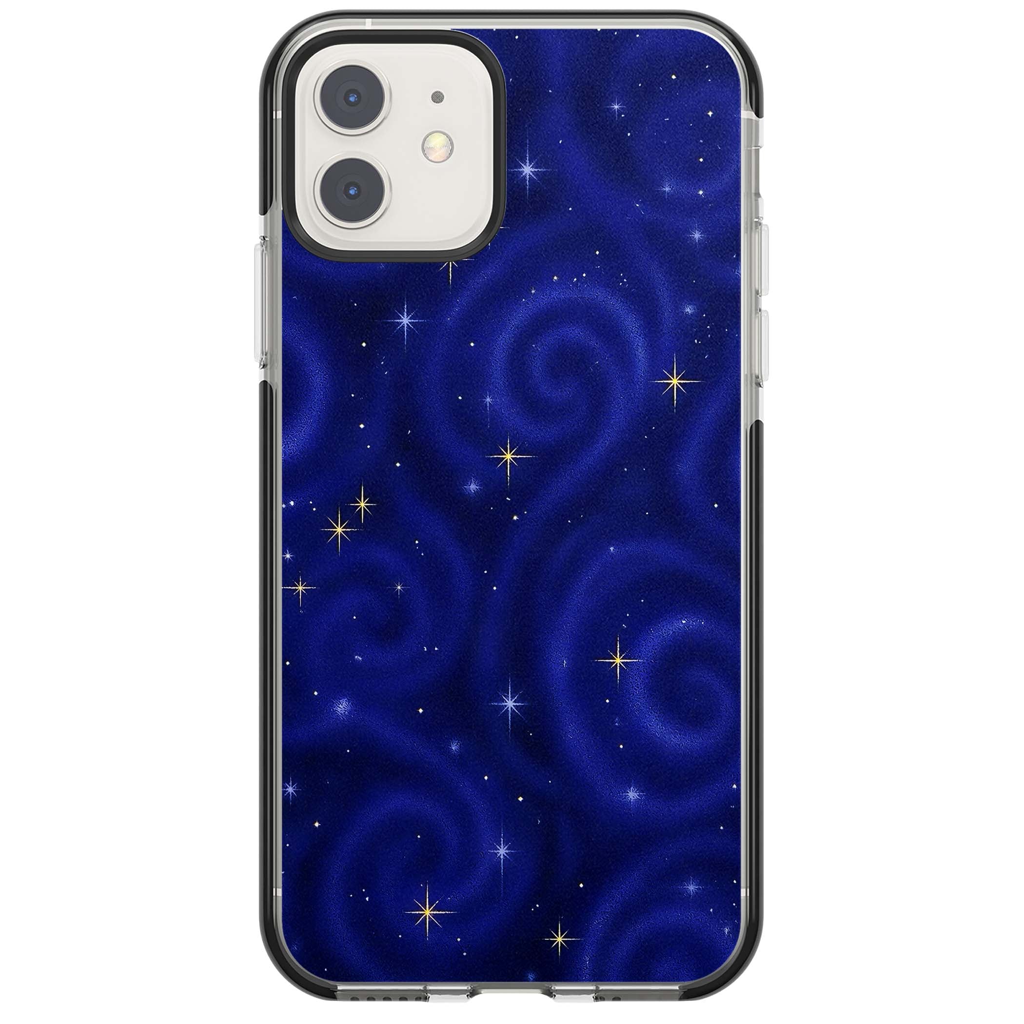 Indigo Cosmos celestial iPhone case featuring swirling navy night sky and sparkling golden stars | Black Impact case for iPhone 11, iPhone 12