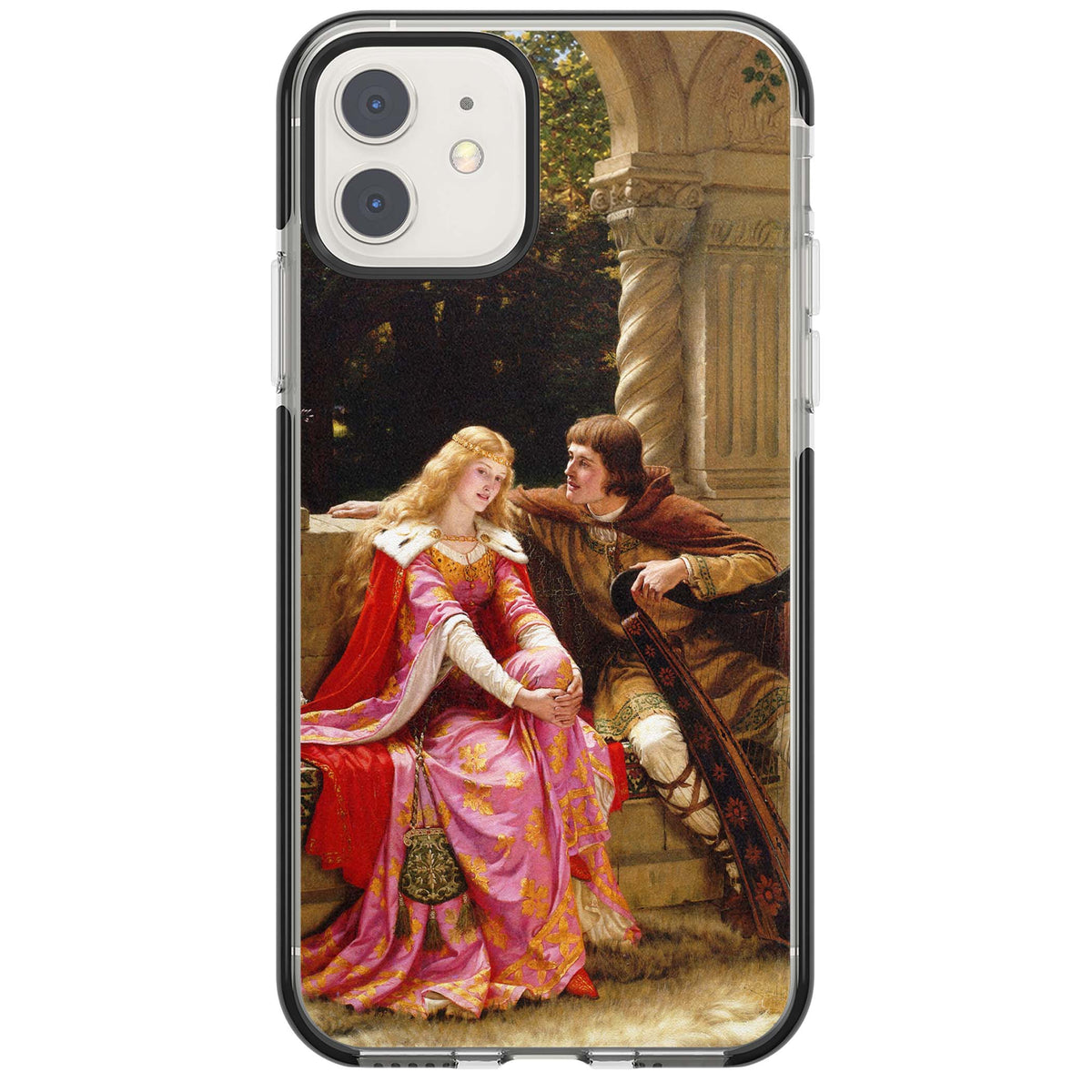 The End of the Song classic art iPhone case featuring a medieval lady in pink gown and her knight in a stone archway | Black Impact case for iPhone 11, iPhone 12