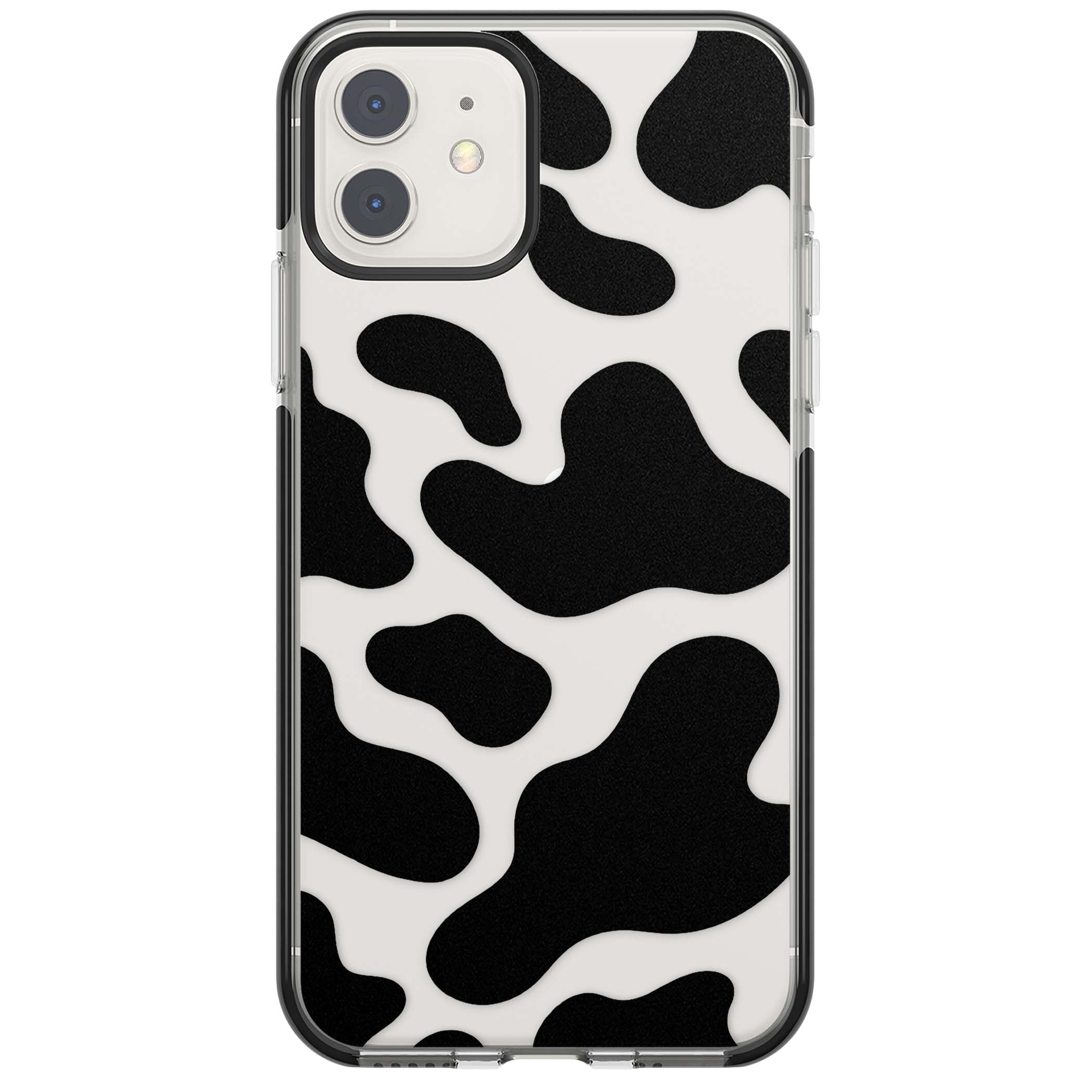 Clear Cow Print cow print iPhone case featuring black and white cow pattern splotches on a clear background | Black Impact case for iPhone 11, iPhone 12