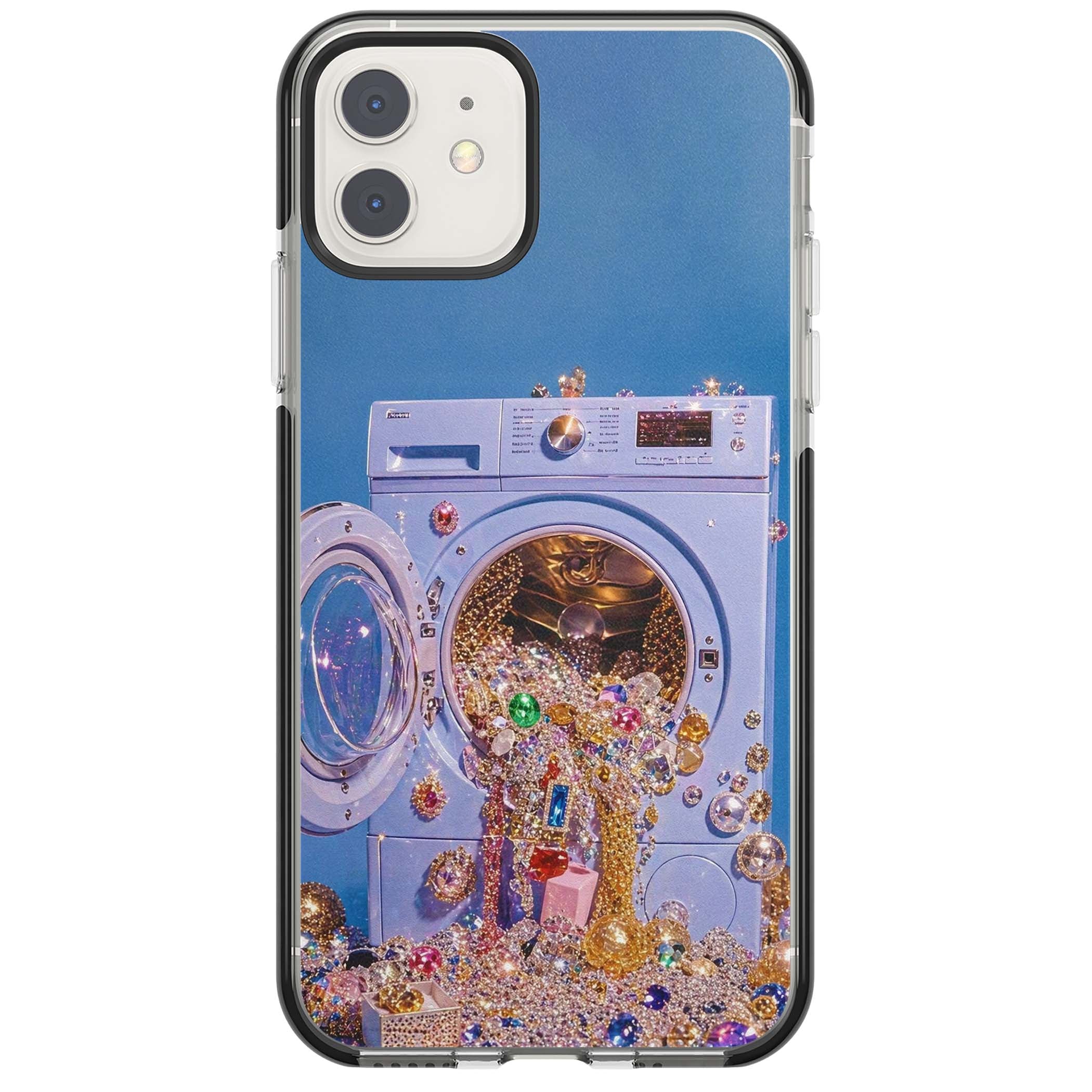 Gem Laundry baddie iPhone case featuring a surreal washing machine overflowing with colourful gemstones and crystals | Black Impact case for iPhone 11, iPhone 12