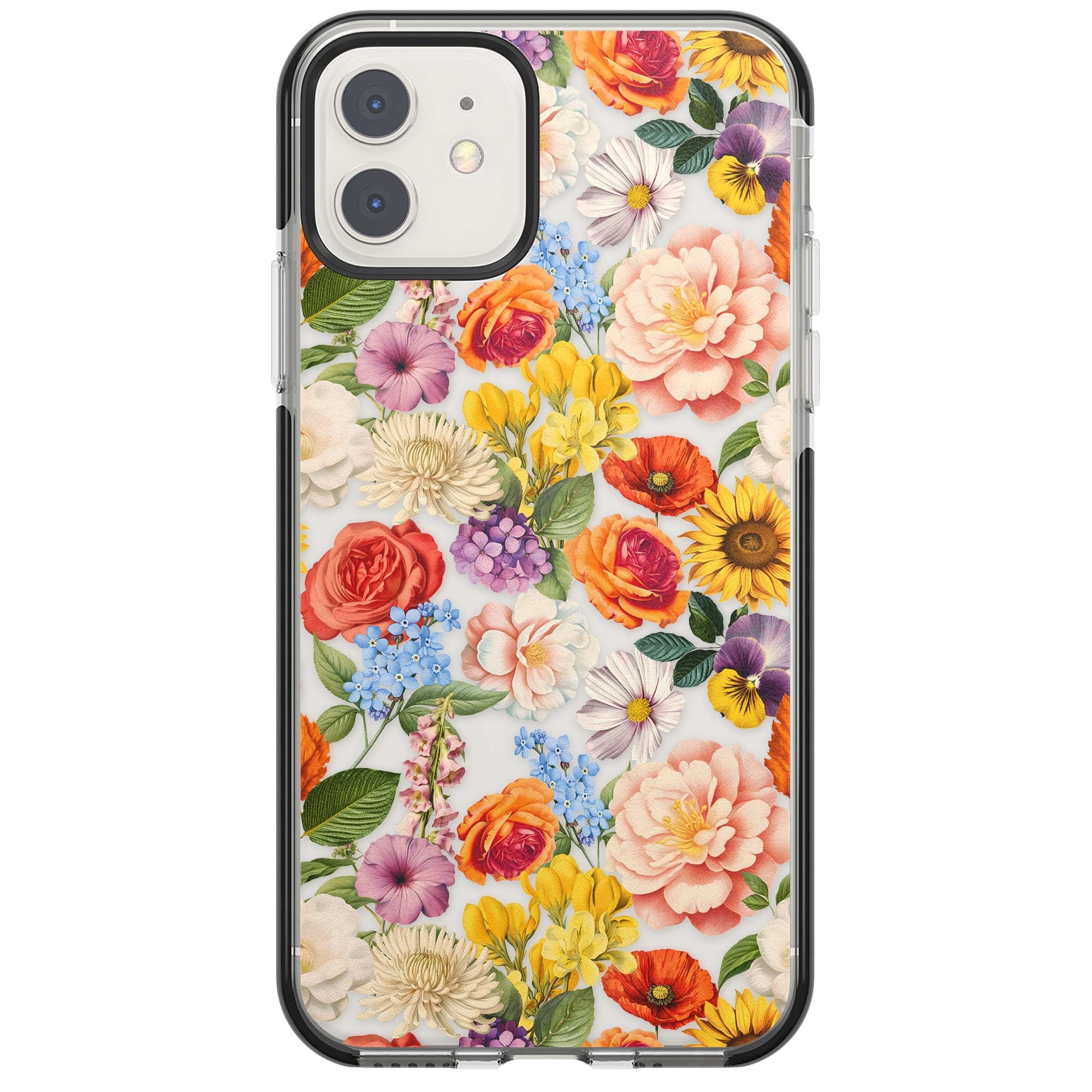 Bloom Basket floral iPhone case featuring cottage garden flowers including peonies, sunflowers, and wildflowers in pastel col | Black Impact case for iPhone 11, iPhone 12