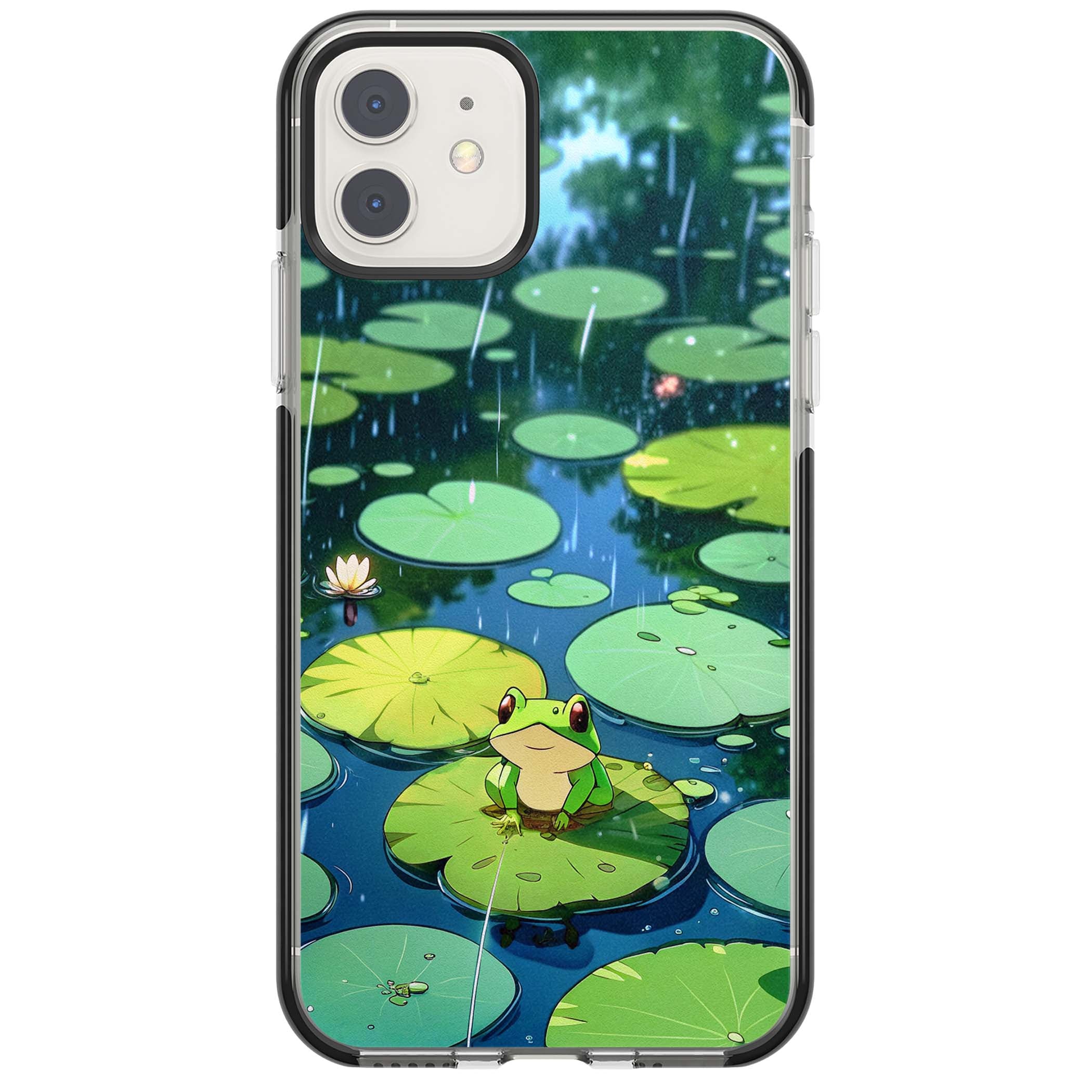 Frog In Lily Pond cottagecore iPhone case featuring a cute green frog on a lily pad with falling rain and a lotus flower | Black Impact case for iPhone 11, iPhone 12